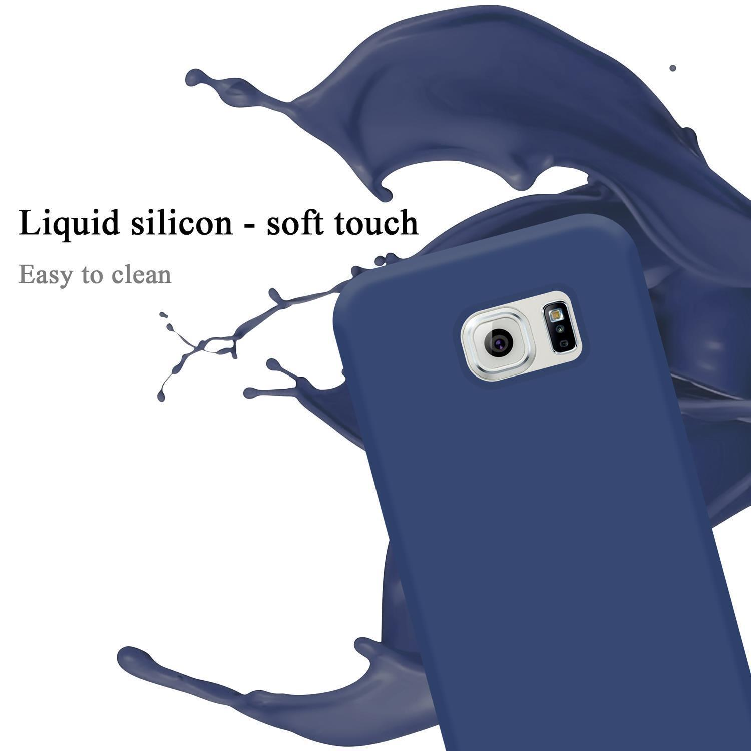 Custodia blu per telefono con schizzo di liquido. Un telefono è mostrato all'interno della custodia. Il testo dice tocco morbido.