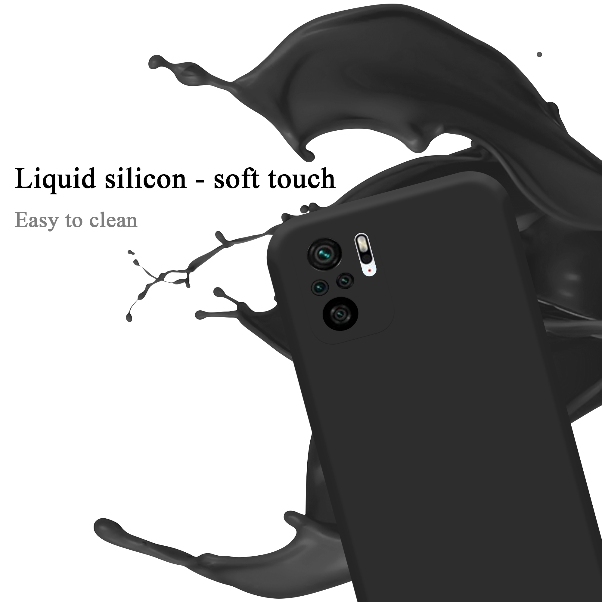 Eine schwarze Handyhülle mit schwarzem Flüssigkeitsspritzer. Es steht Liquid silicon - soft touch und Easy to clean.