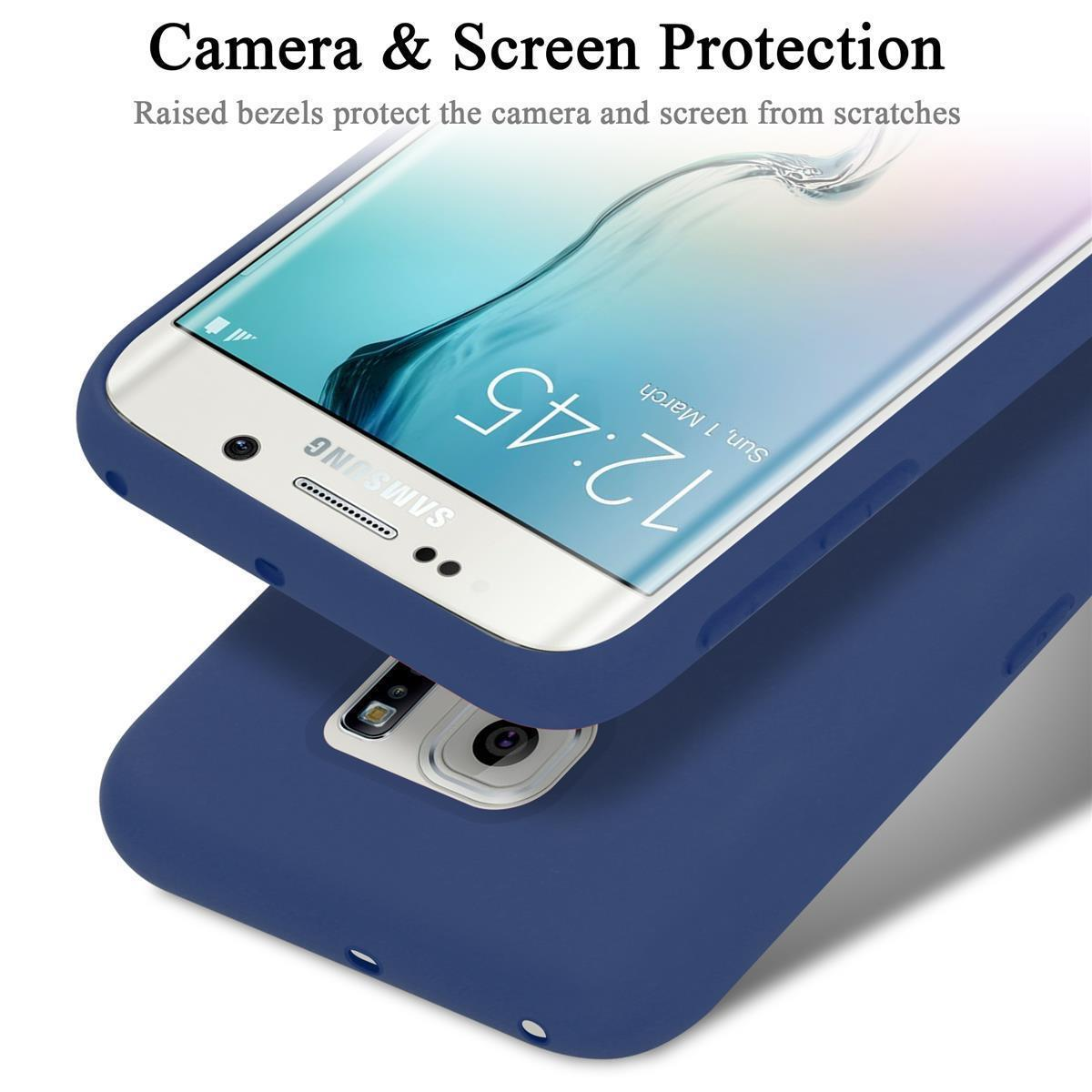 Due telefoni in custodie blu con testo di protezione dello schermo su sfondo scuro. Il telefono in basso è visibile.
