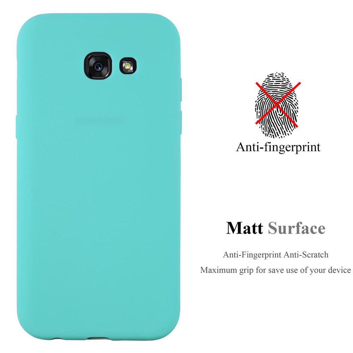 Una custodia per telefono azzurra con fotocamera e flash. Testo: 'anti-impronte' e 'superficie opaca'.