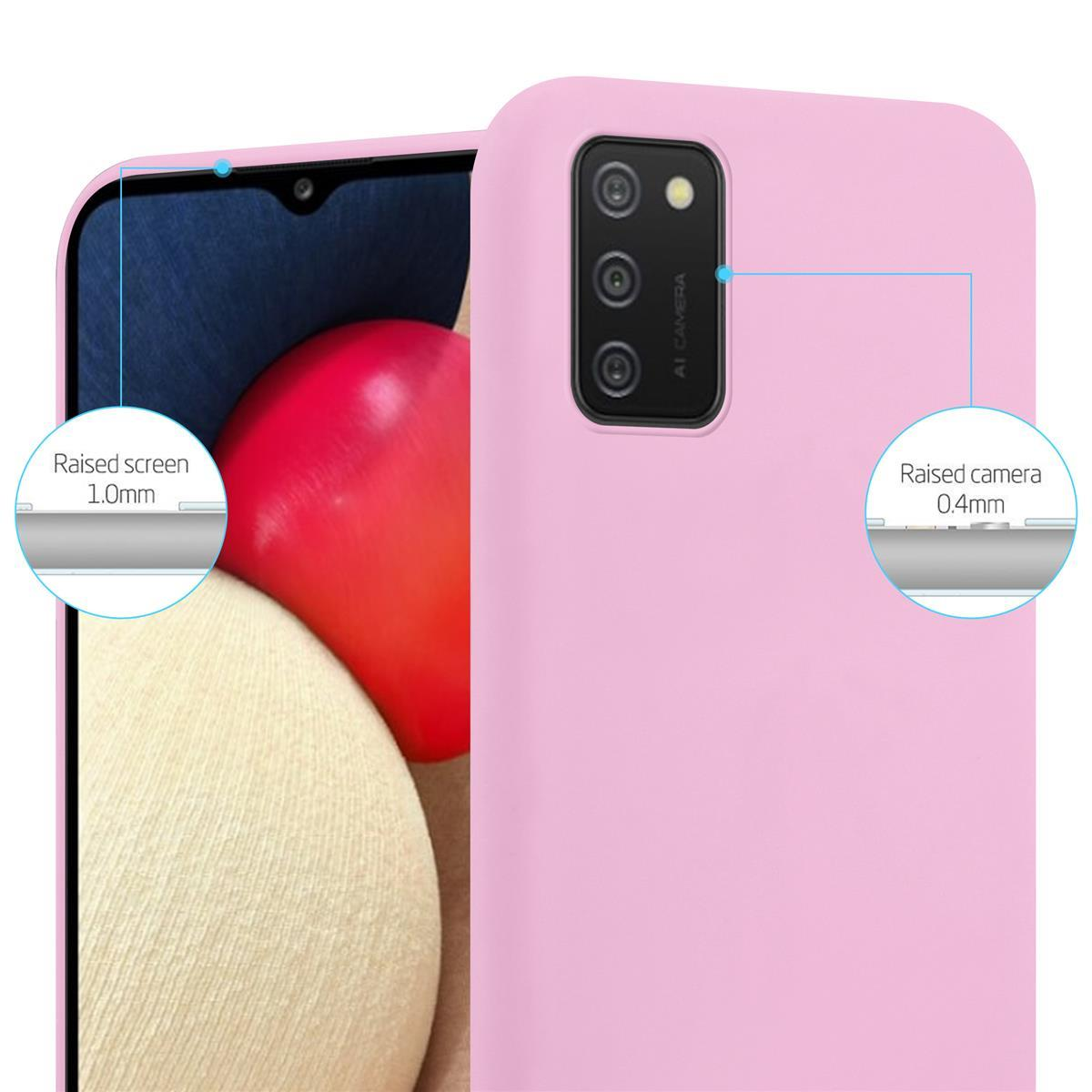 Custodia per telefono rosa con telefono all'interno. Fotocamera e schermo hanno bordi rialzati. Vengono mostrate didascalie.