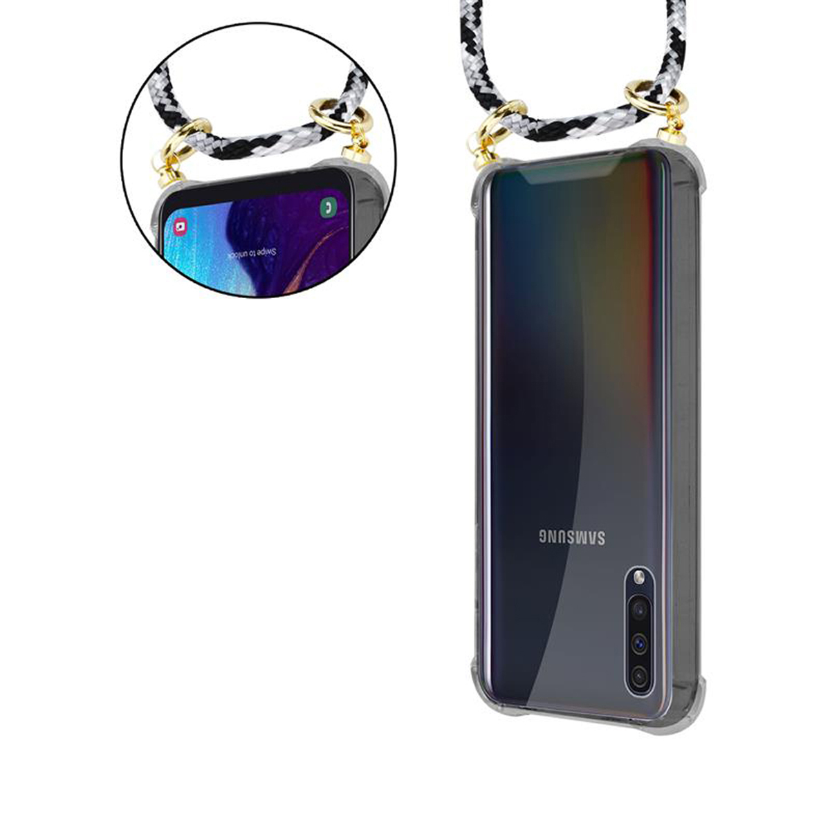 CADORABO Handy Kette mit / Hülle, Kordel Band Samsung, abnehmbarer A30s, Gold / Backcover, 4G Galaxy A50 und SCHWARZ Ringen, A50s CAMOUFLAGE