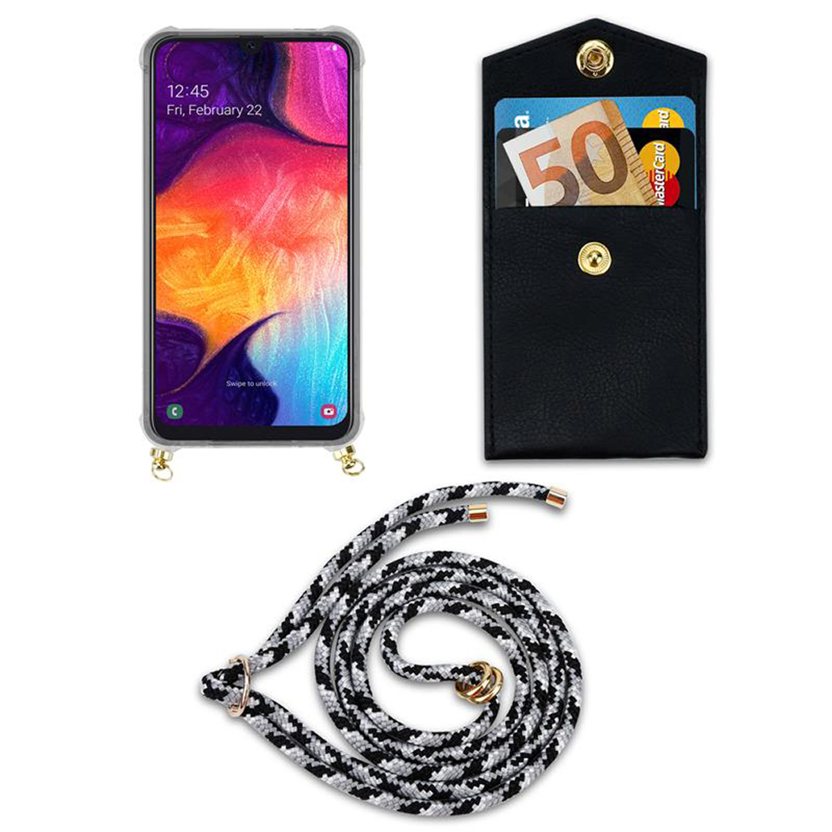 / SCHWARZ CADORABO Galaxy A50s Gold CAMOUFLAGE abnehmbarer Band mit 4G / Kette und A30s, Backcover, Kordel A50 Hülle, Ringen, Handy Samsung,