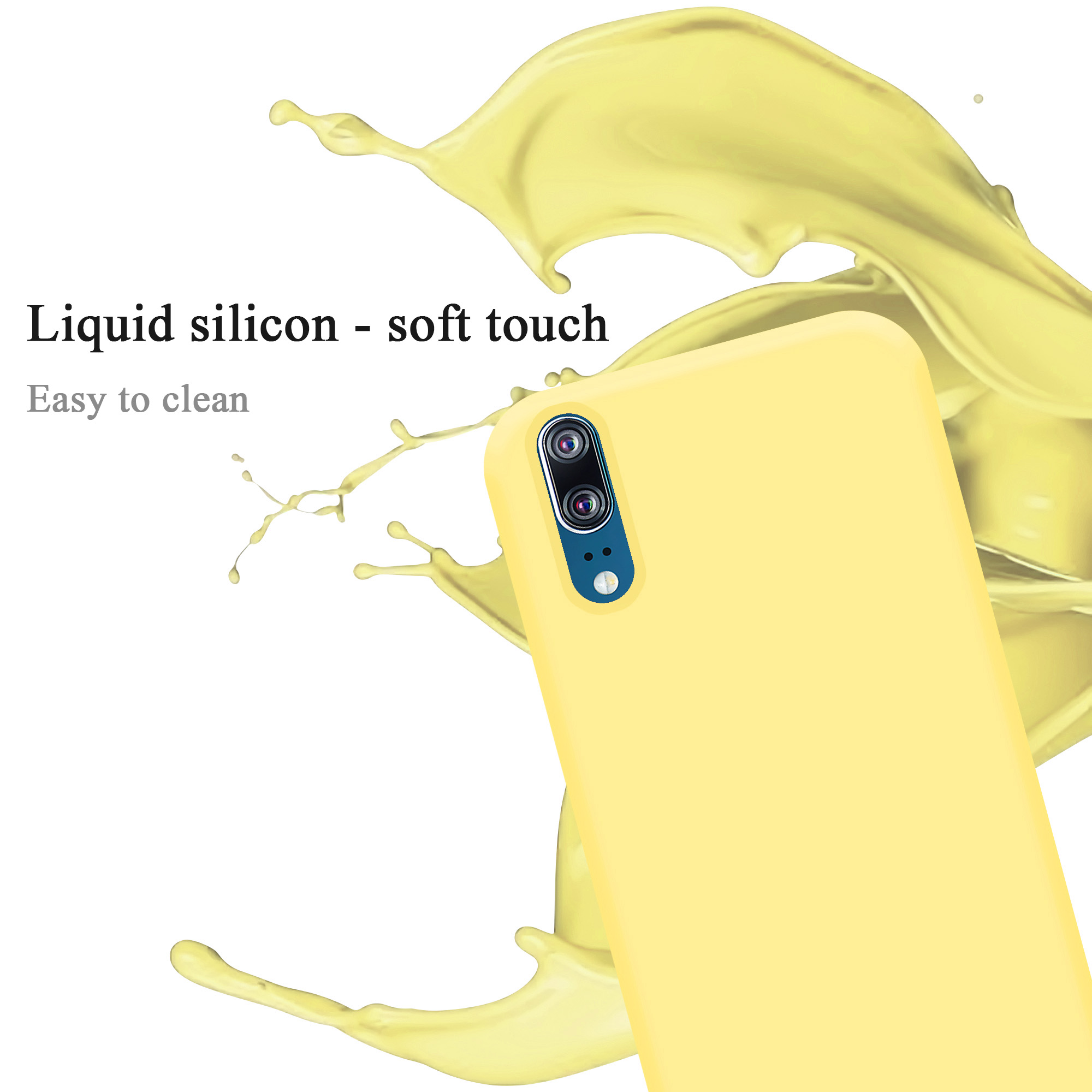 Nahaufnahme einer gelben Handyhülle. Flüssigkeitsspritzer-Effekt im Hintergrund. Text sichtbar.