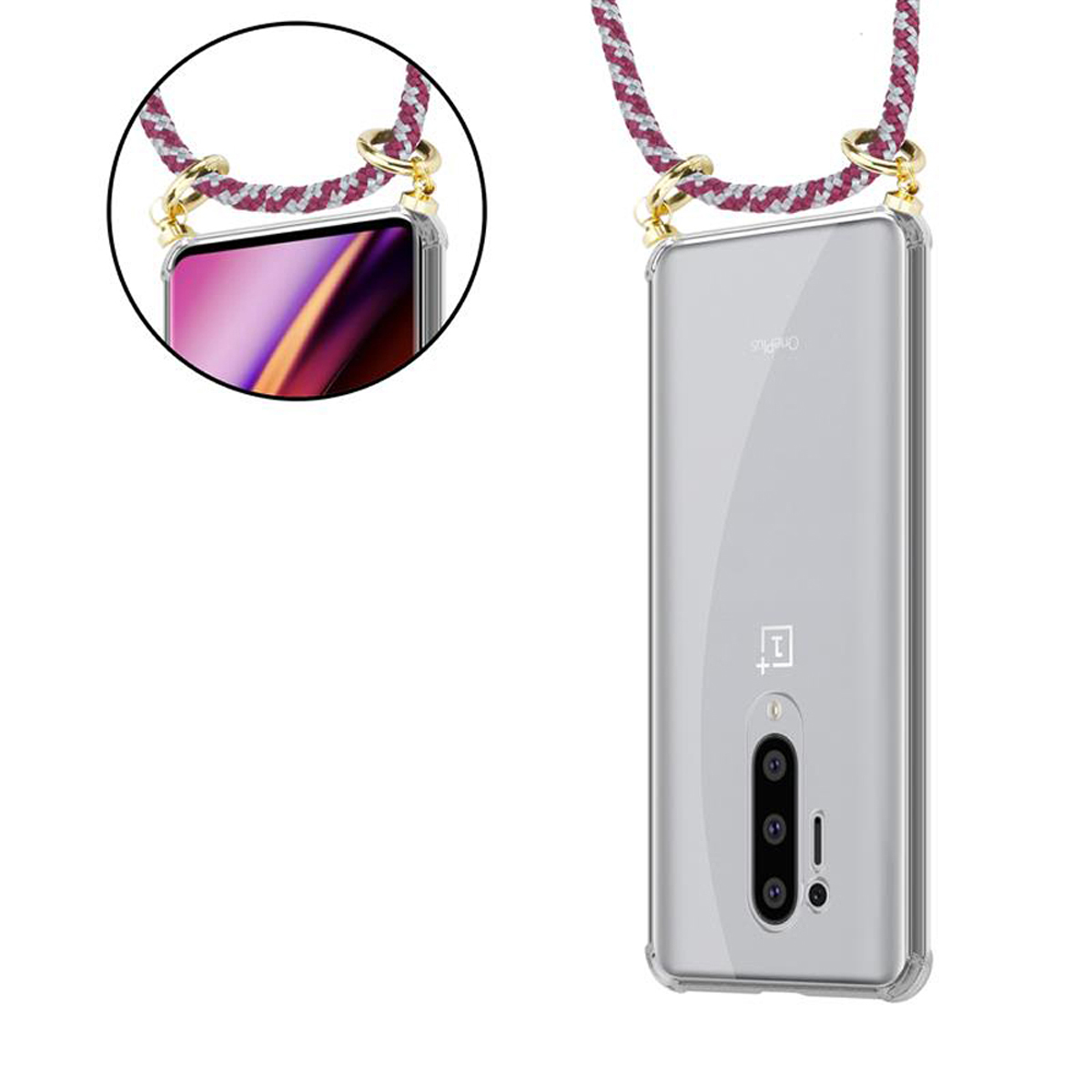 CADORABO Handy Kette Ringen, WEIß PRO, Band 8 und Gold Backcover, Hülle, OnePlus, mit abnehmbarer ROT Kordel
