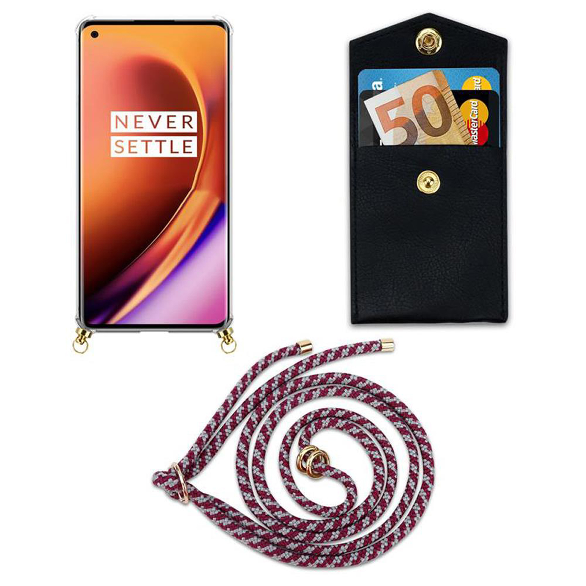 CADORABO Handy Kette Ringen, WEIß PRO, Band 8 und Gold Backcover, Hülle, OnePlus, mit abnehmbarer ROT Kordel