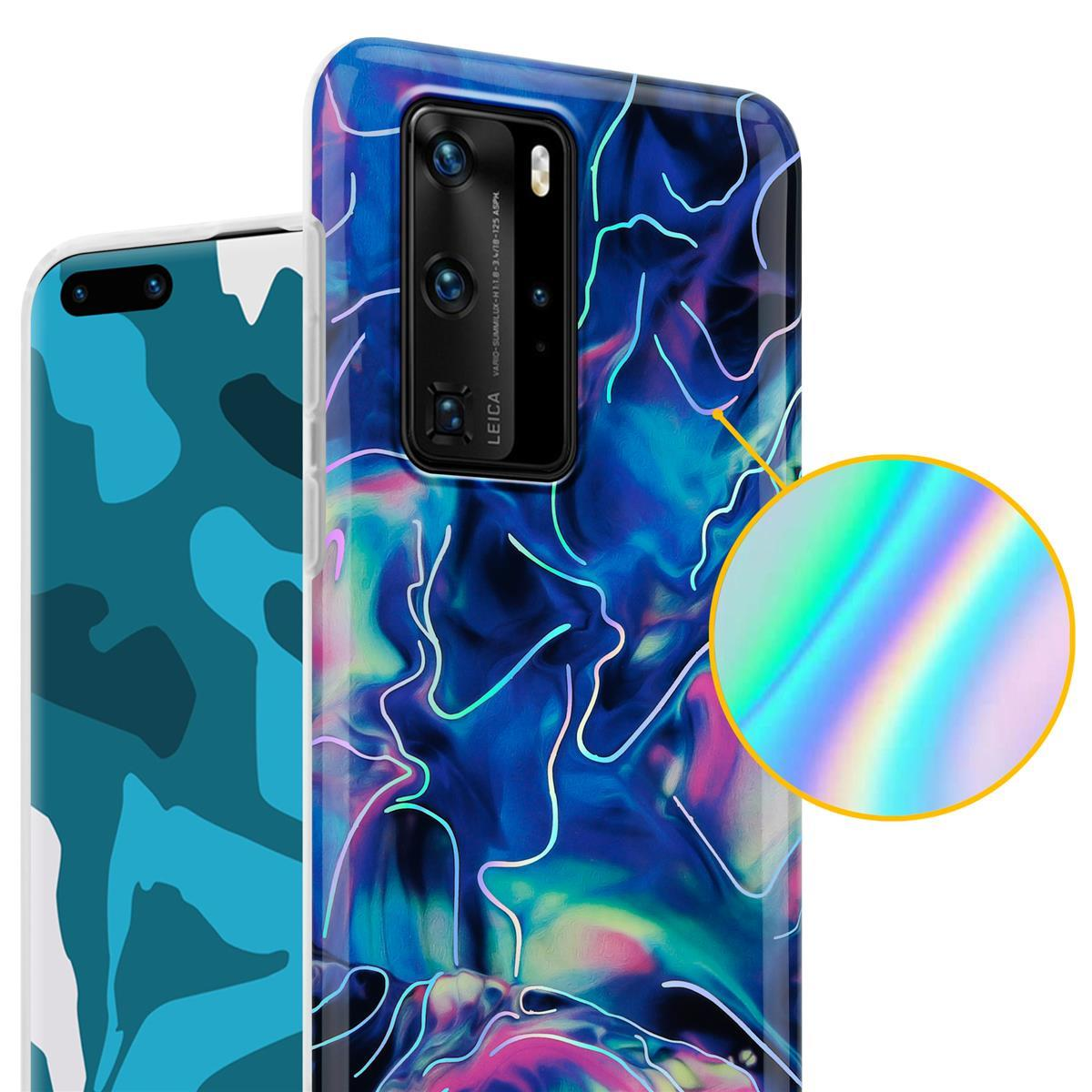 Vengono mostrate custodie per telefono con un design colorato. Una è blu, l'altra ha un motivo multicolore.