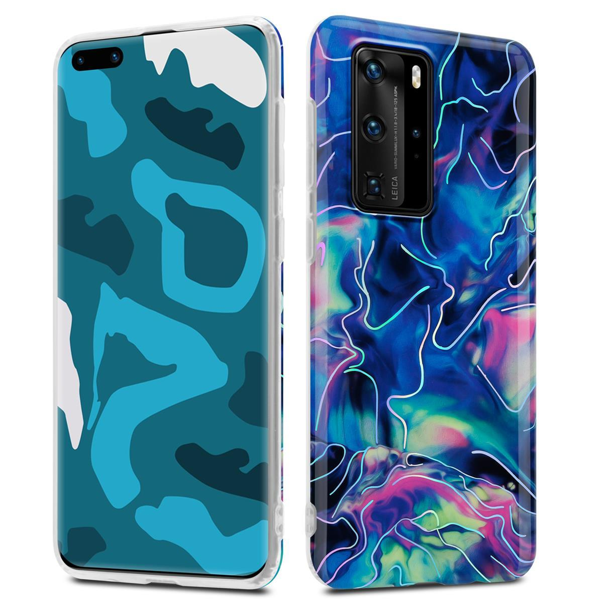 Due custodie per telefono. Una con motivo blu, l'altra con un design astratto.