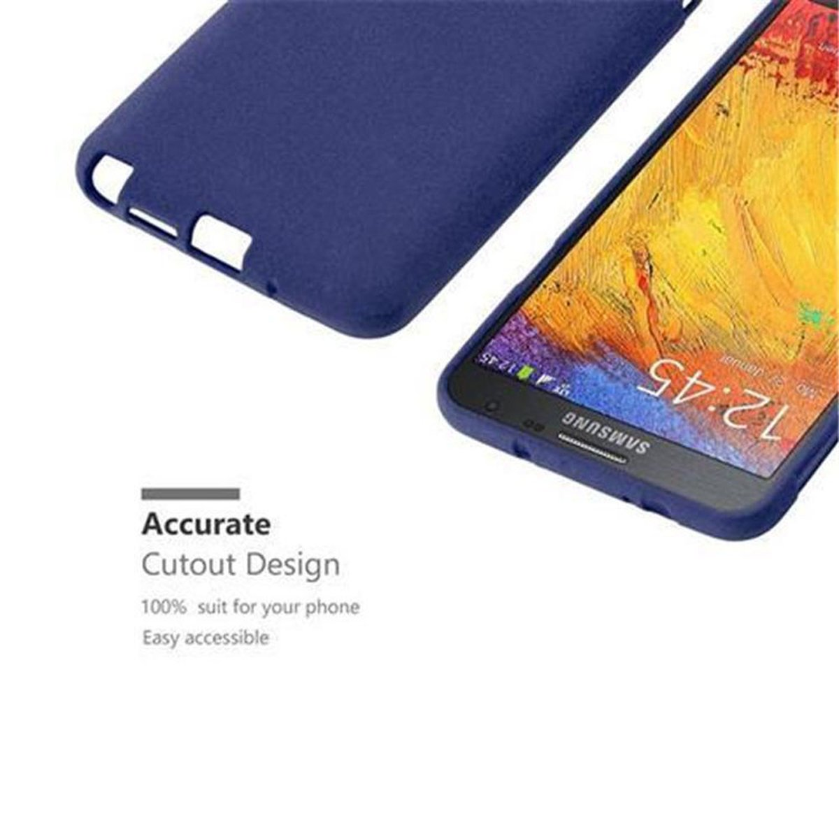 Una custodia blu per telefono con un telefono all'interno. La custodia è ritagliata per adattarsi alla fotocamera e ai pulsanti del telefono. Sfondo bianco.