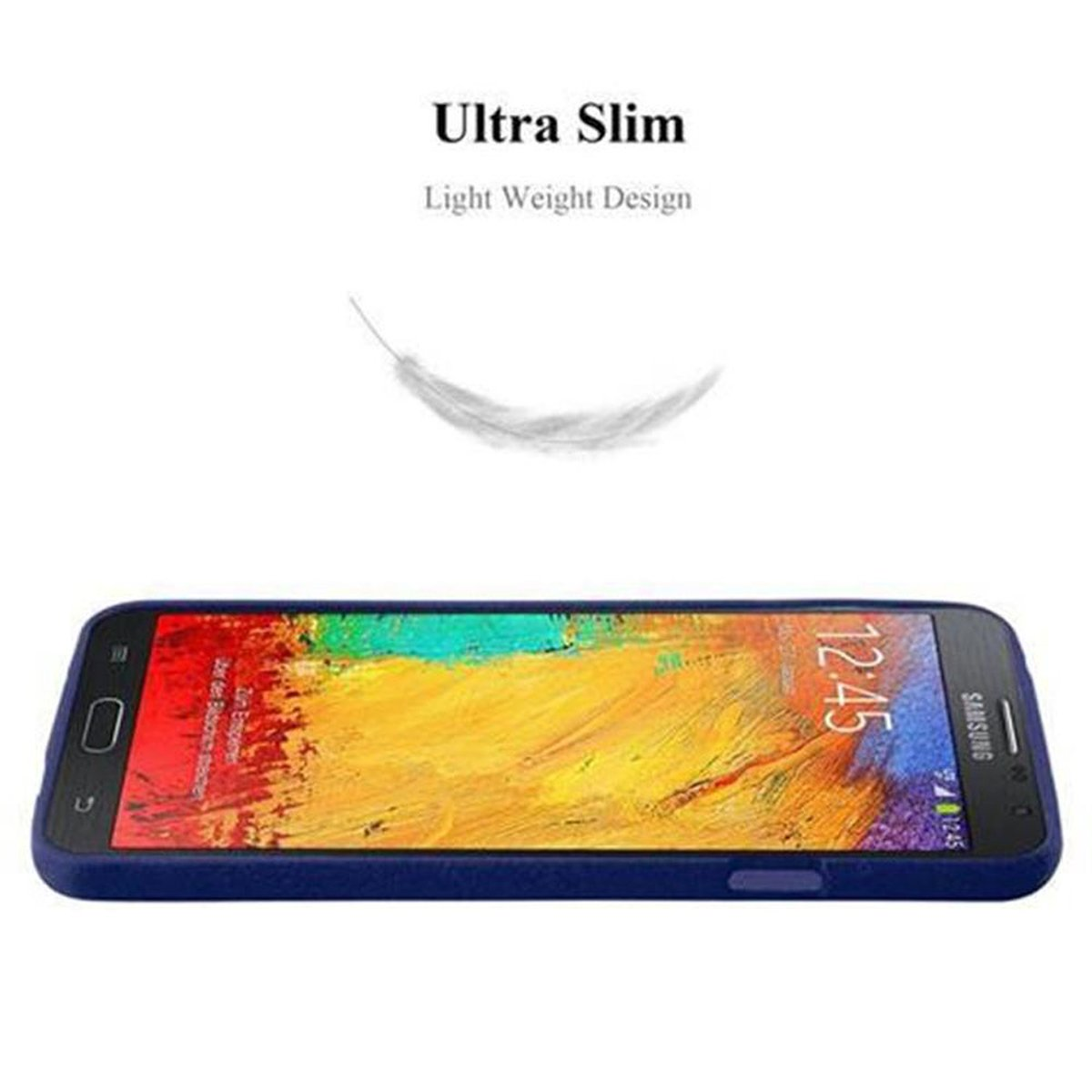 Un telefono in una custodia blu, con una piuma sopra.