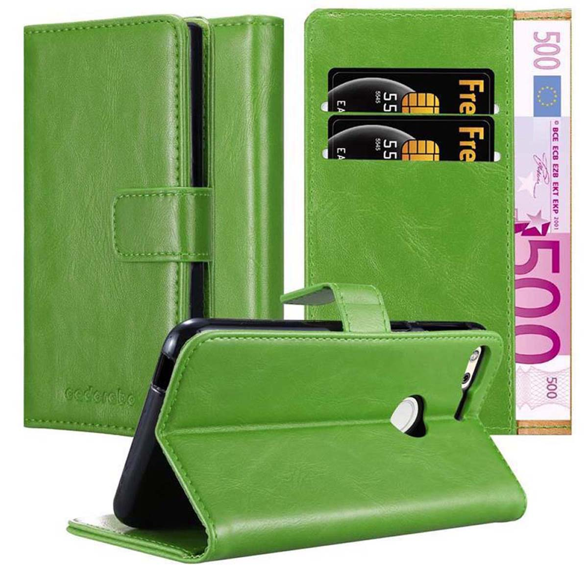Una custodia a portafoglio verde con un telefono e banconote.