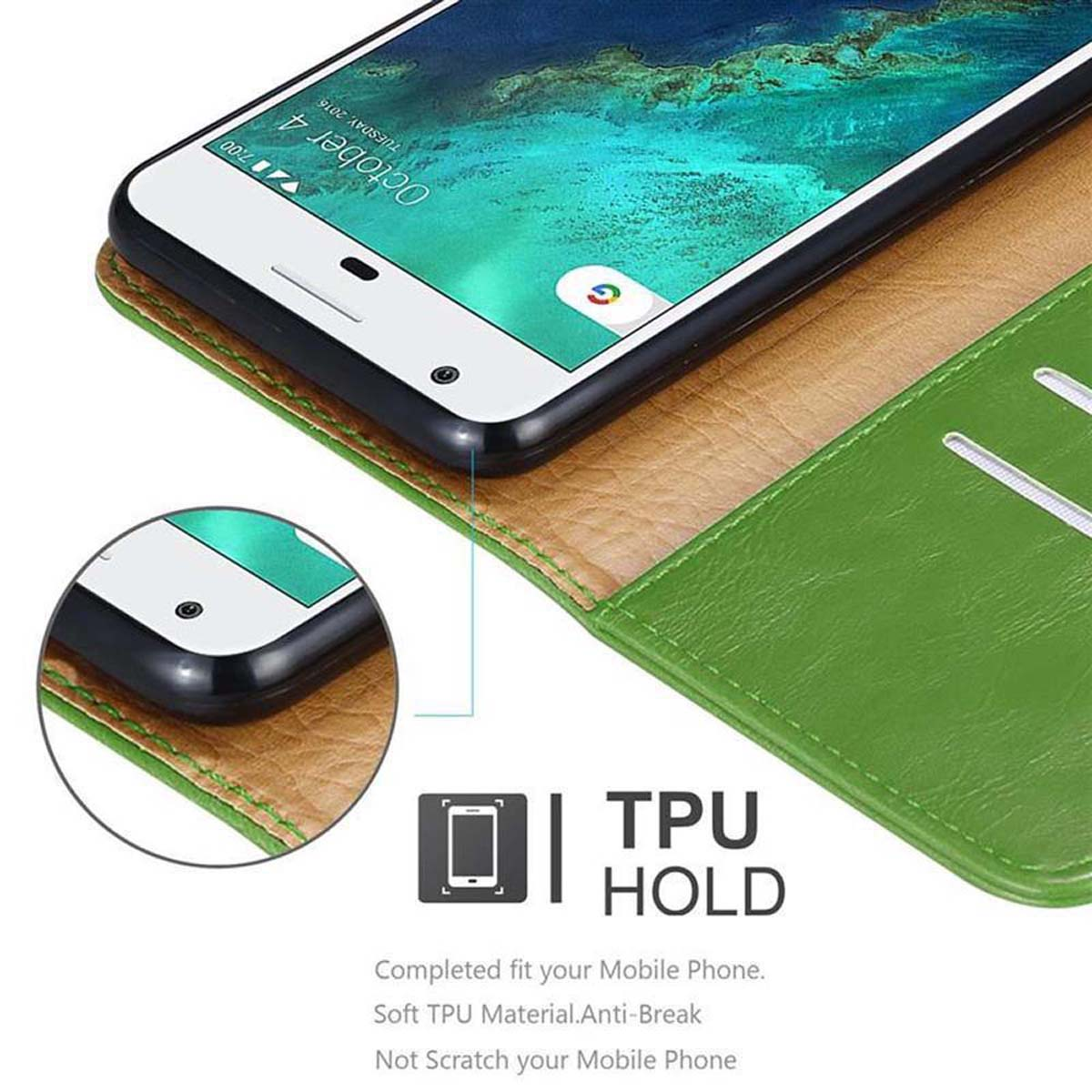 Un telefono in una custodia verde con funzioni portafoglio. La custodia è aperta.
