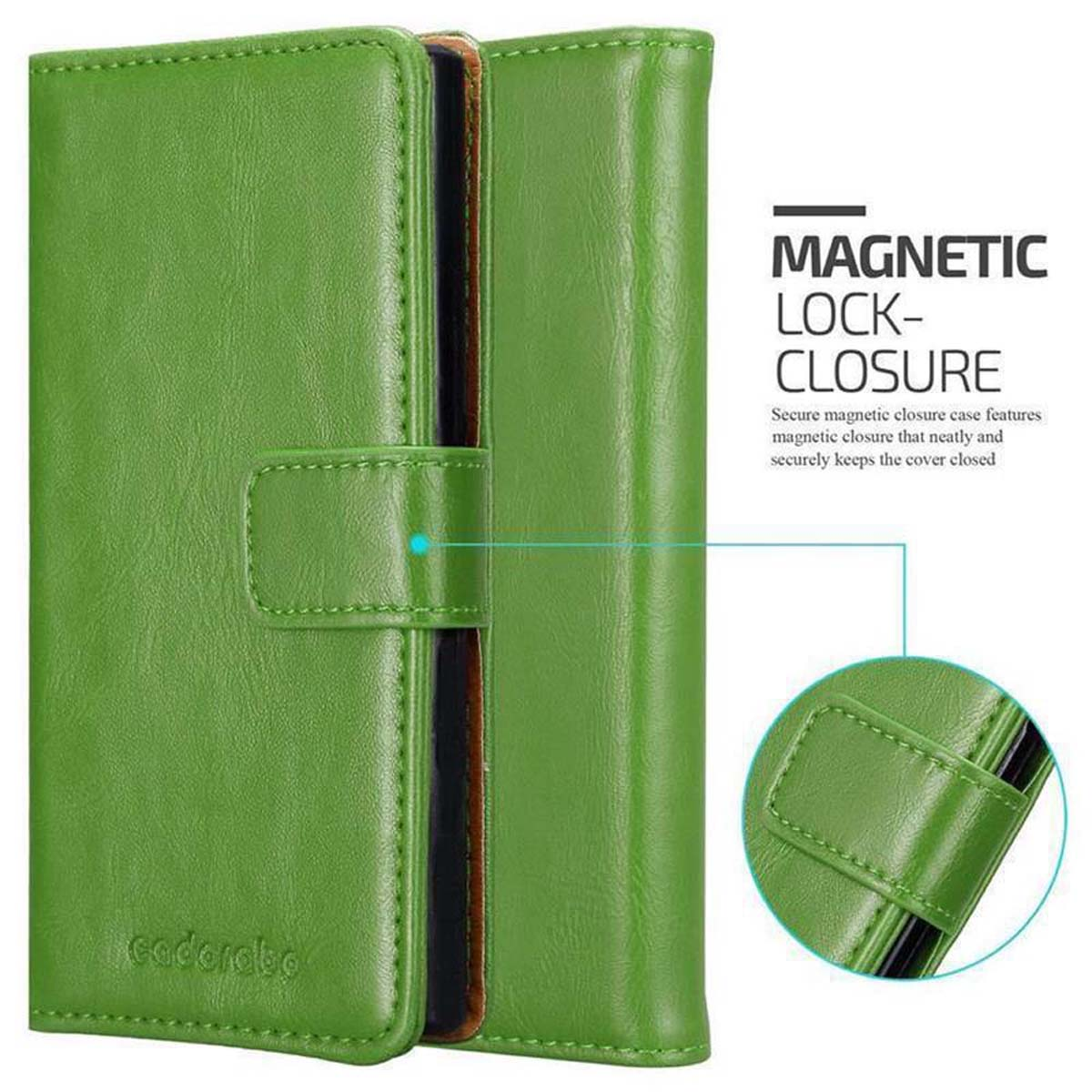 Custodia verde per telefono con chiusura magnetica. La custodia è aperta, mostrando l'interno.