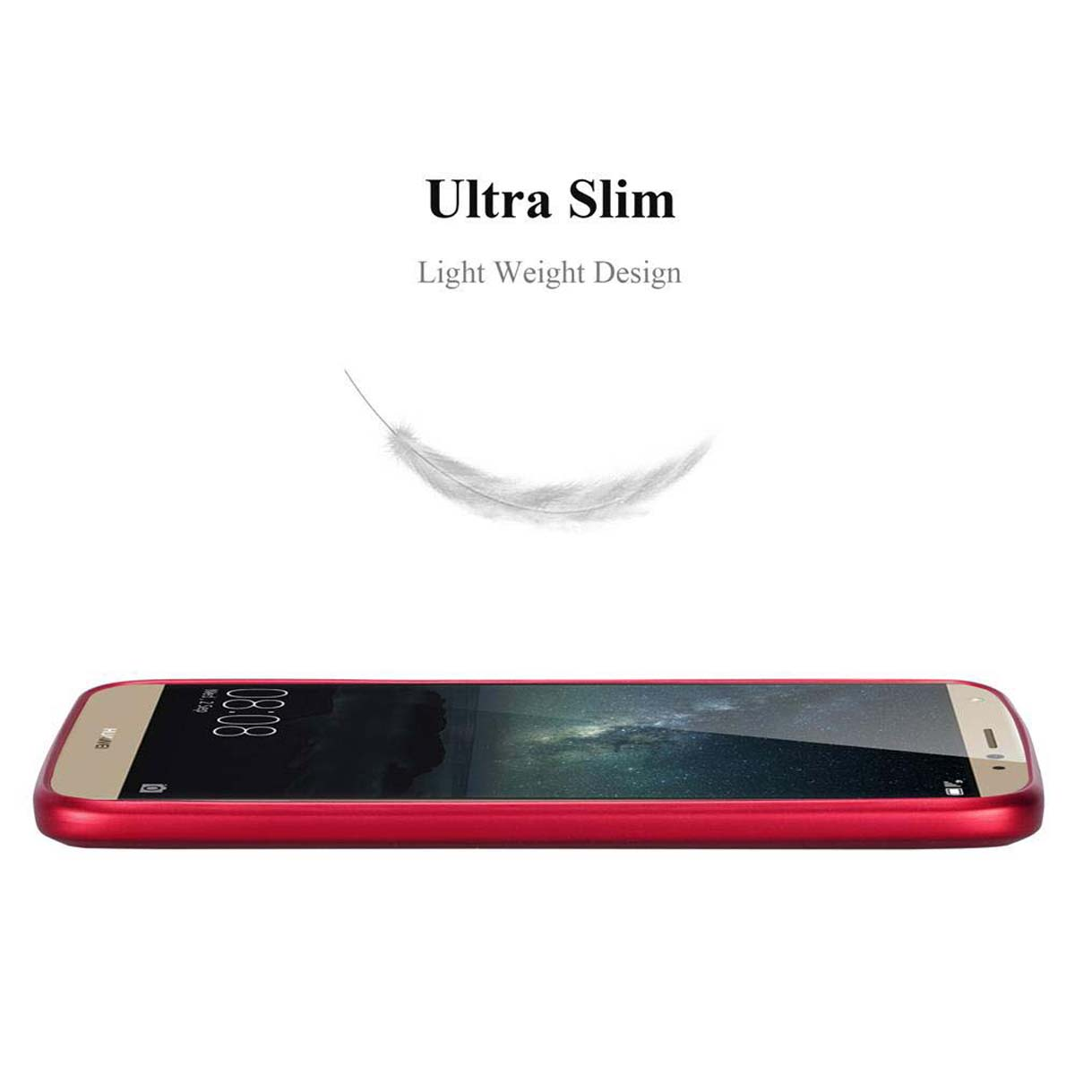Telefono rosso con testo: Ultra Slim, Light Weight Design, con una piuma che fluttua sopra.
