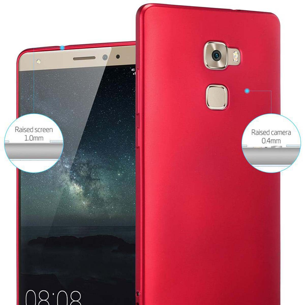 Una custodia per telefono rossa con etichette per schermo e fotocamera rialzati, accanto a un telefono.
