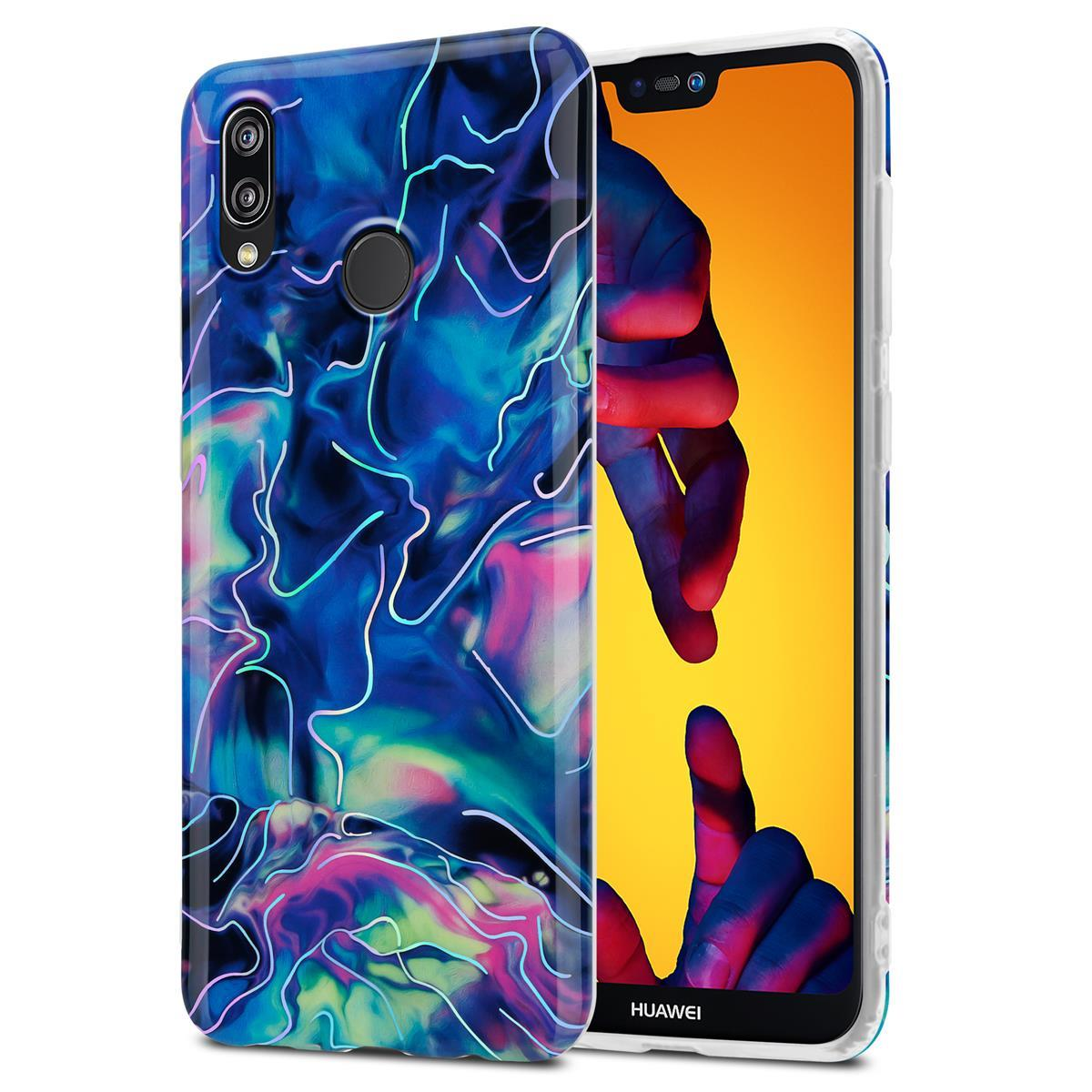 Custodia per telefono con motivo blu astratto e schermo del telefono visibile con gradiente arancione-blu.