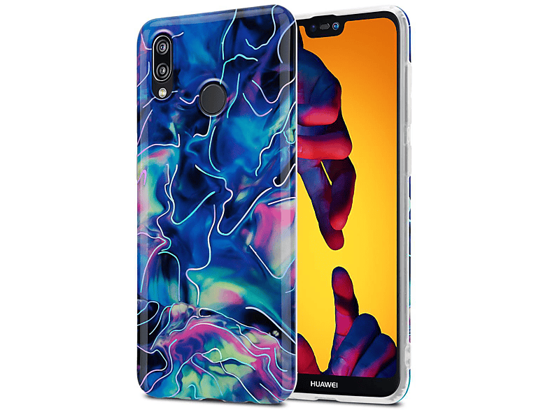Backcover, IMD 17 Huawei, Hülle No. / Marmor, NOVA TPU 3E, LITE Marmor Bunter P20 2018 Blau Pink CADORABO