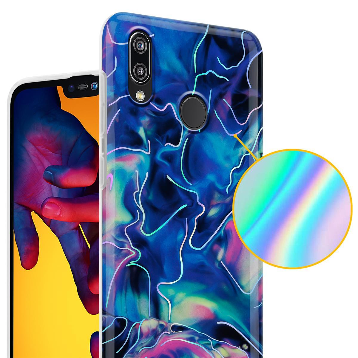 Un telefono in una custodia con un design colorato. La custodia ha un motivo iridescente dettagliato.