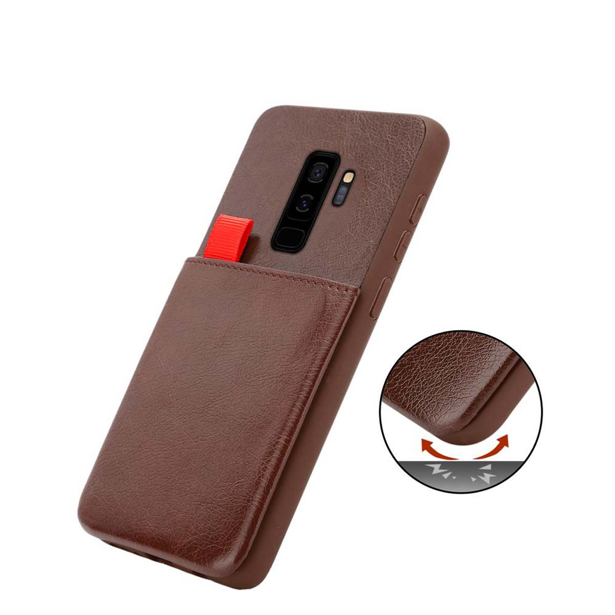 Una custodia per telefono in pelle marrone, con un porta carte rosso e un dettaglio della superficie curva.