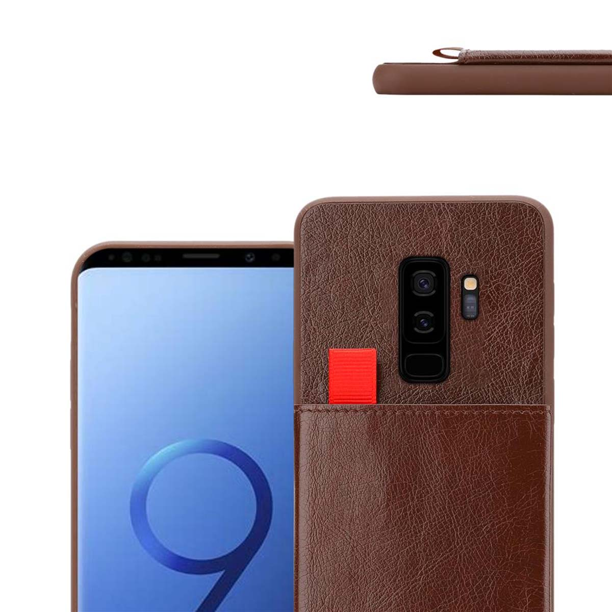 Una custodia per telefono in pelle marrone con un telefono. Ha uno slot per schede e una linguetta rossa.