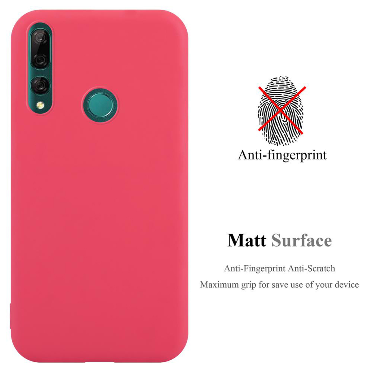 Rote Handyhülle mit Text 'Anti-Fingerprint' und 'Matt Surface'. Ein Fingerabdrucksymbol wird gezeigt.