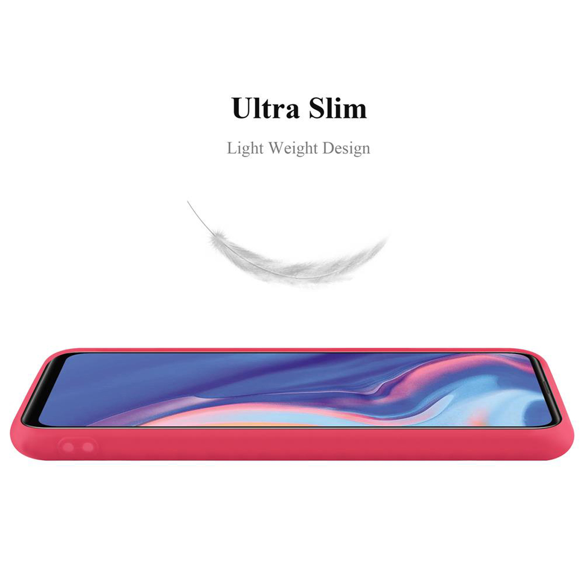 Eine rote Handyhülle mit weißem Text 'Ultra Slim, Light Weight Design' und einer Feder.