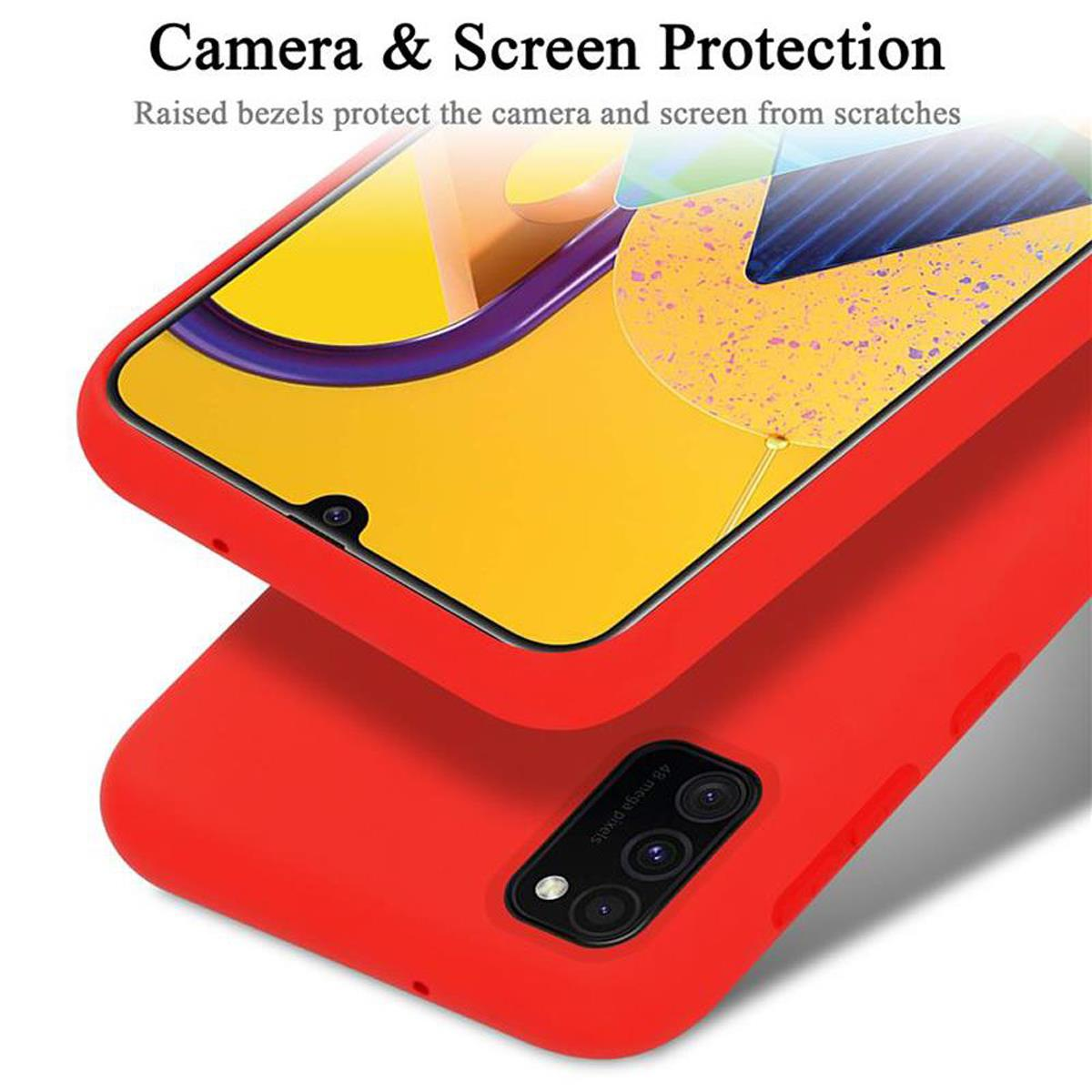 Rote Handyhülle mit Telefon. Text Kamera & Bildschirmschutz. Gelber Hintergrund auf dem Bildschirm sichtbar.