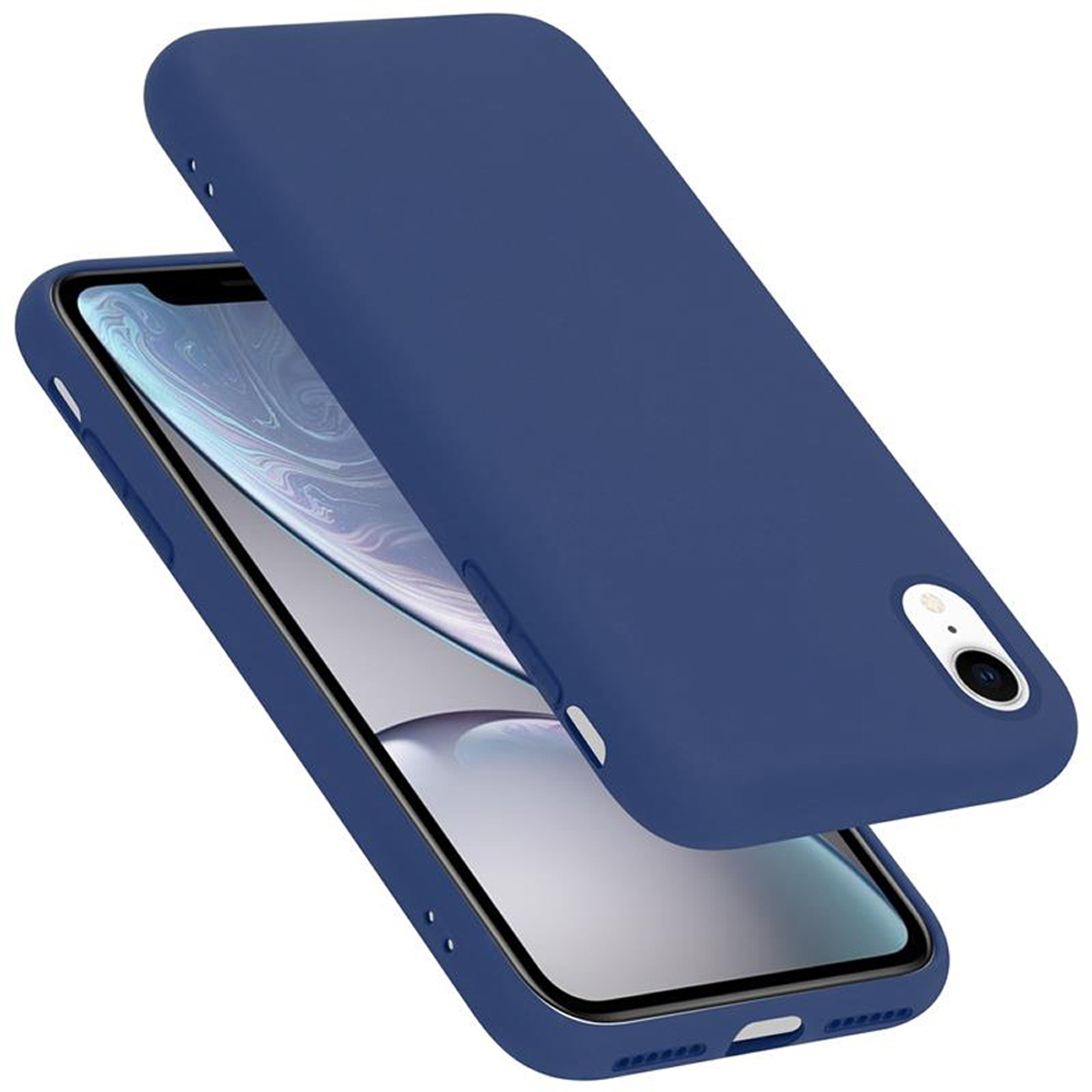 Blaue Handyhülle. Telefon mit Bildschirm im Display.
