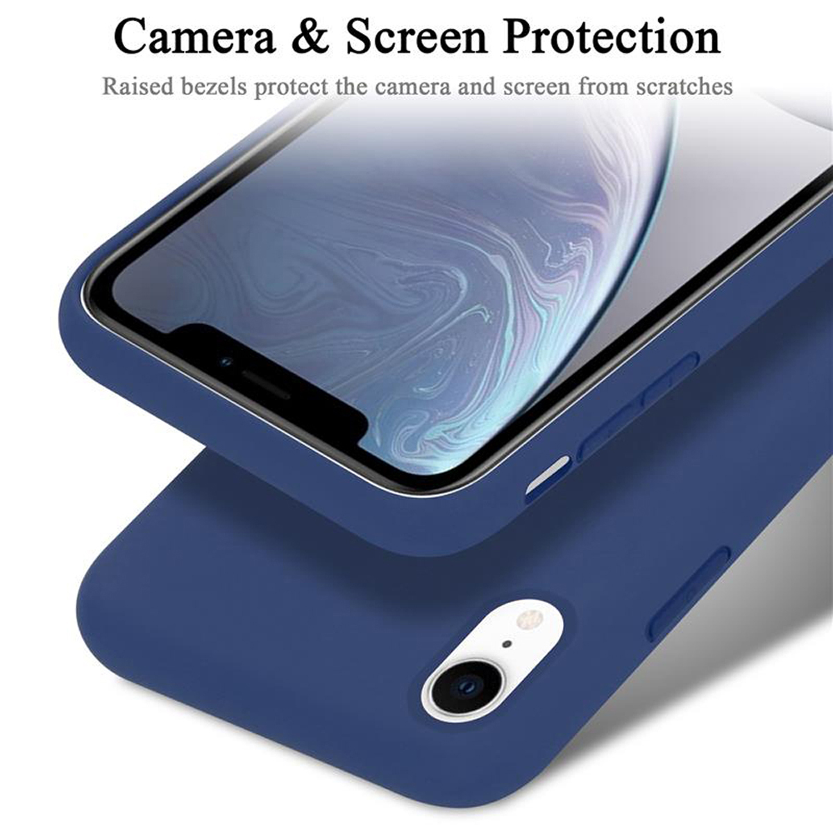 Eine blaue Handyhülle auf einem Telefon. Text: Kamera- und Bildschirmschutz. Der Hintergrund ist weiß.