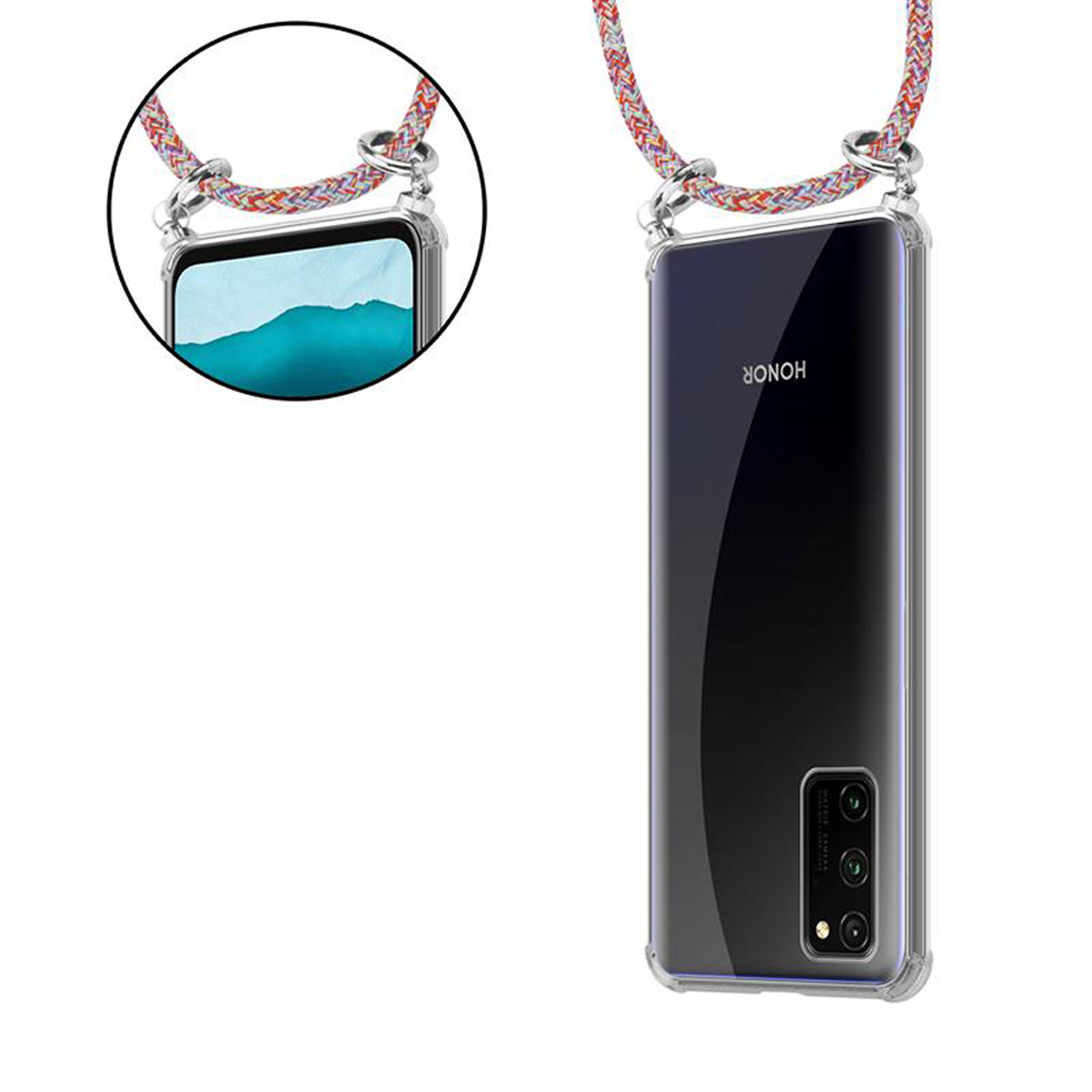Ringen, Hülle, abnehmbarer Band PARROT und View PRO, COLORFUL Kette Handy Kordel Silber mit CADORABO 30 Backcover, Honor,