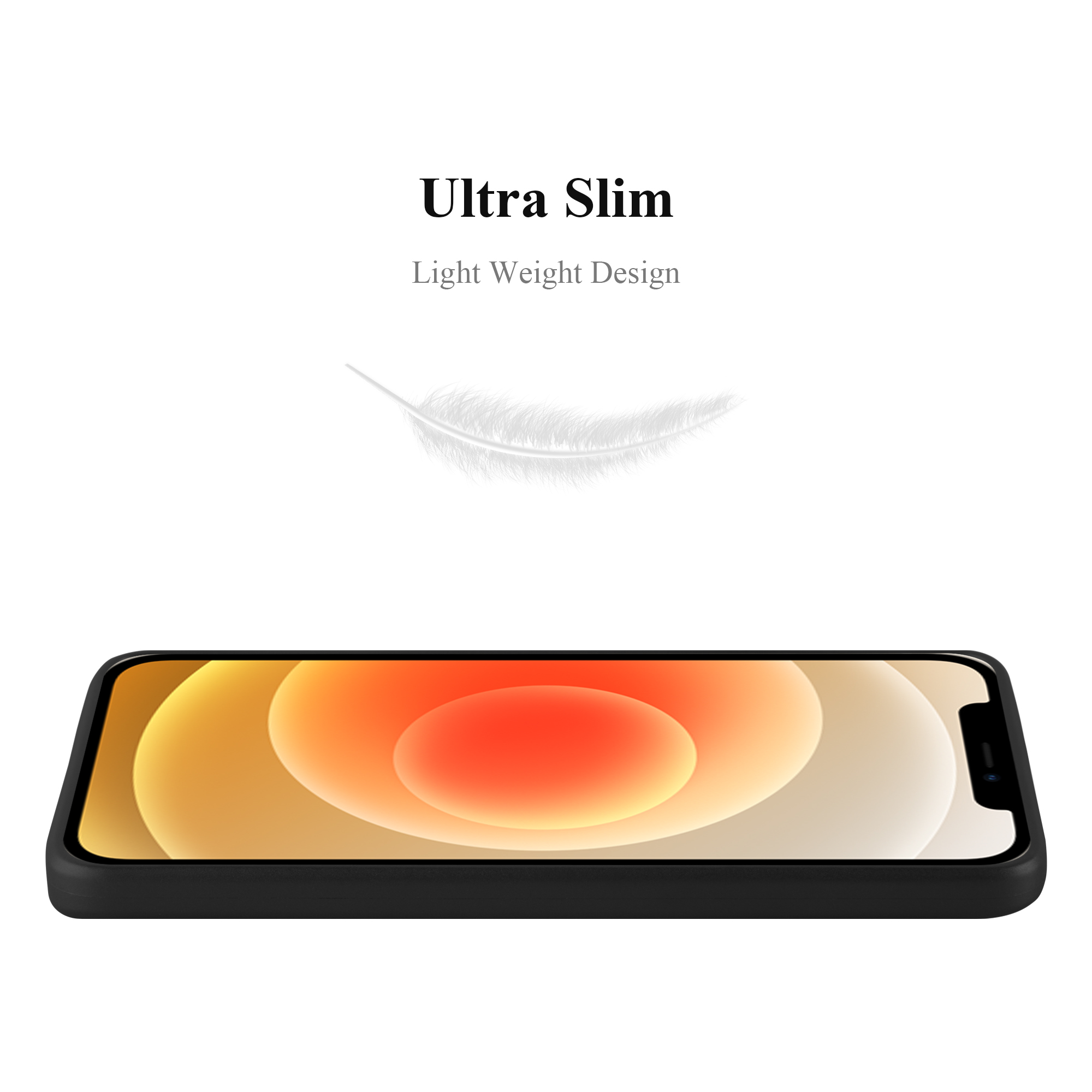 Una custodia per telefono nera con una grafica a forma di piuma bianca e le parole Ultra Slim, Light Weight Design.