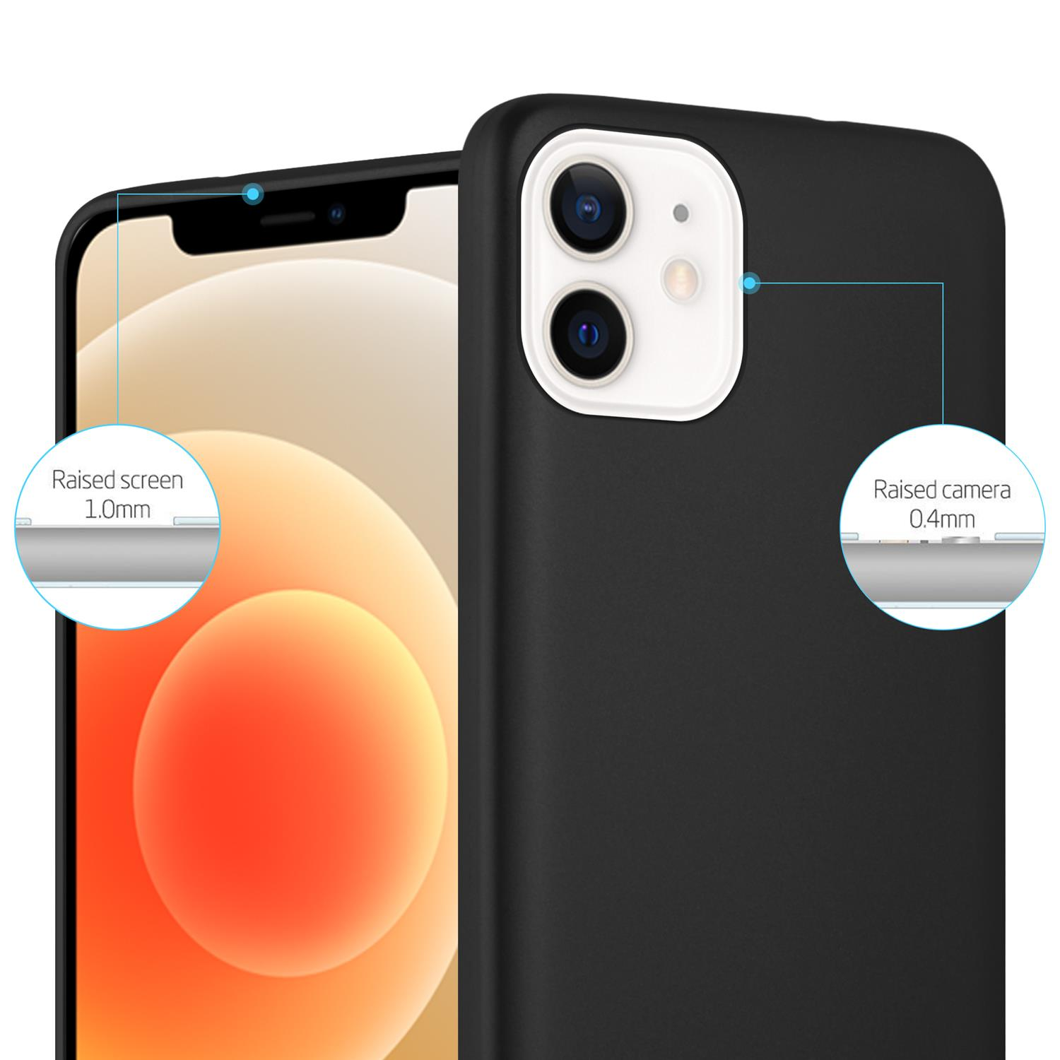 Custodia per telefono nera che mostra i dettagli dello schermo e della fotocamera rialzati, con testo.