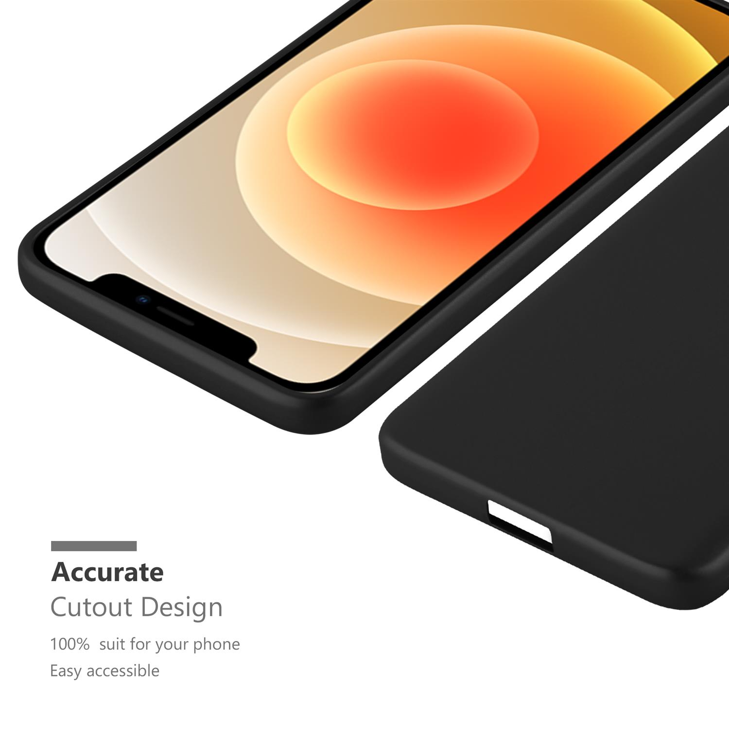 Un telefono nero è in una custodia nera. Dice Accurate Cutout Design e 100% suit for your phone.