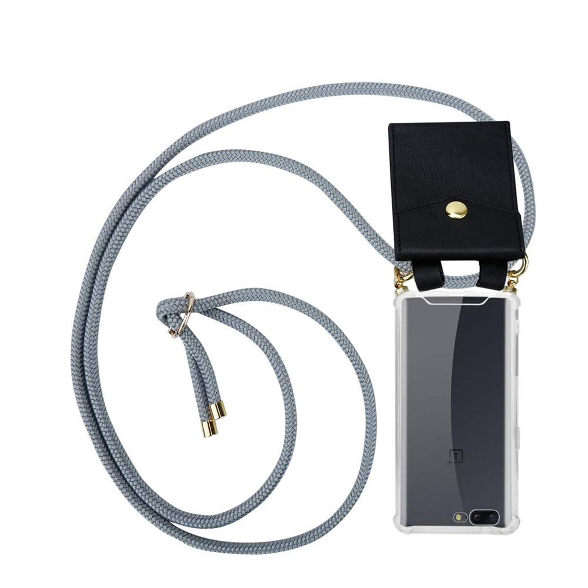 CADORABO Handy Kette mit Gold Ringen, 5, SILBER GRAU Backcover, Kordel OnePlus, und Hülle, Band abnehmbarer