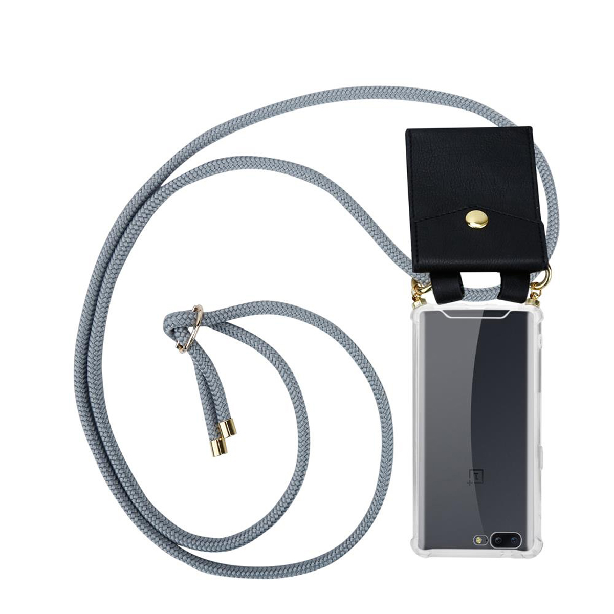 Ein Telefon in einer durchsichtigen Hülle mit grauer Schnur. Die Schnur geht durch eine schwarze Ledertasche.