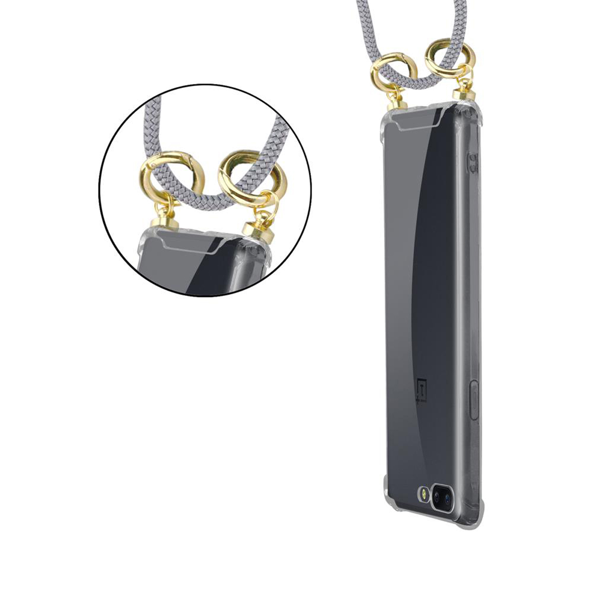 Ein Telefon in einer transparenten Hülle mit angebrachtem Schlüsselband, goldene Ringe, auf weißem Hintergrund.