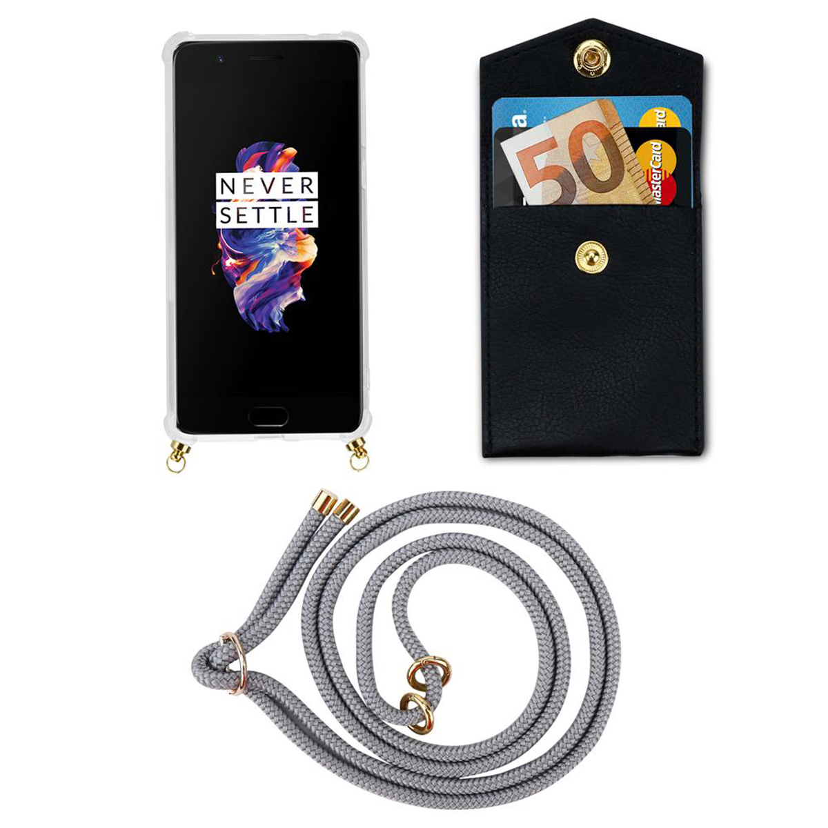 abnehmbarer SILBER CADORABO Ringen, GRAU Kordel Kette Band Handy mit Gold 5, Backcover, OnePlus, und Hülle,