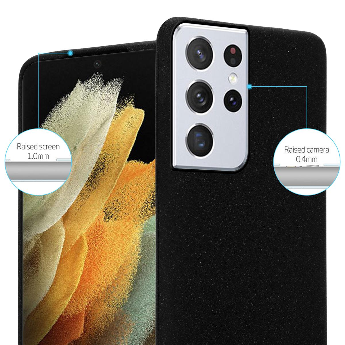 Custodia per telefono nera con testo: Schermo rialzato 1,0 mm, Fotocamera rialzata 0,4 mm. La custodia è su una superficie.