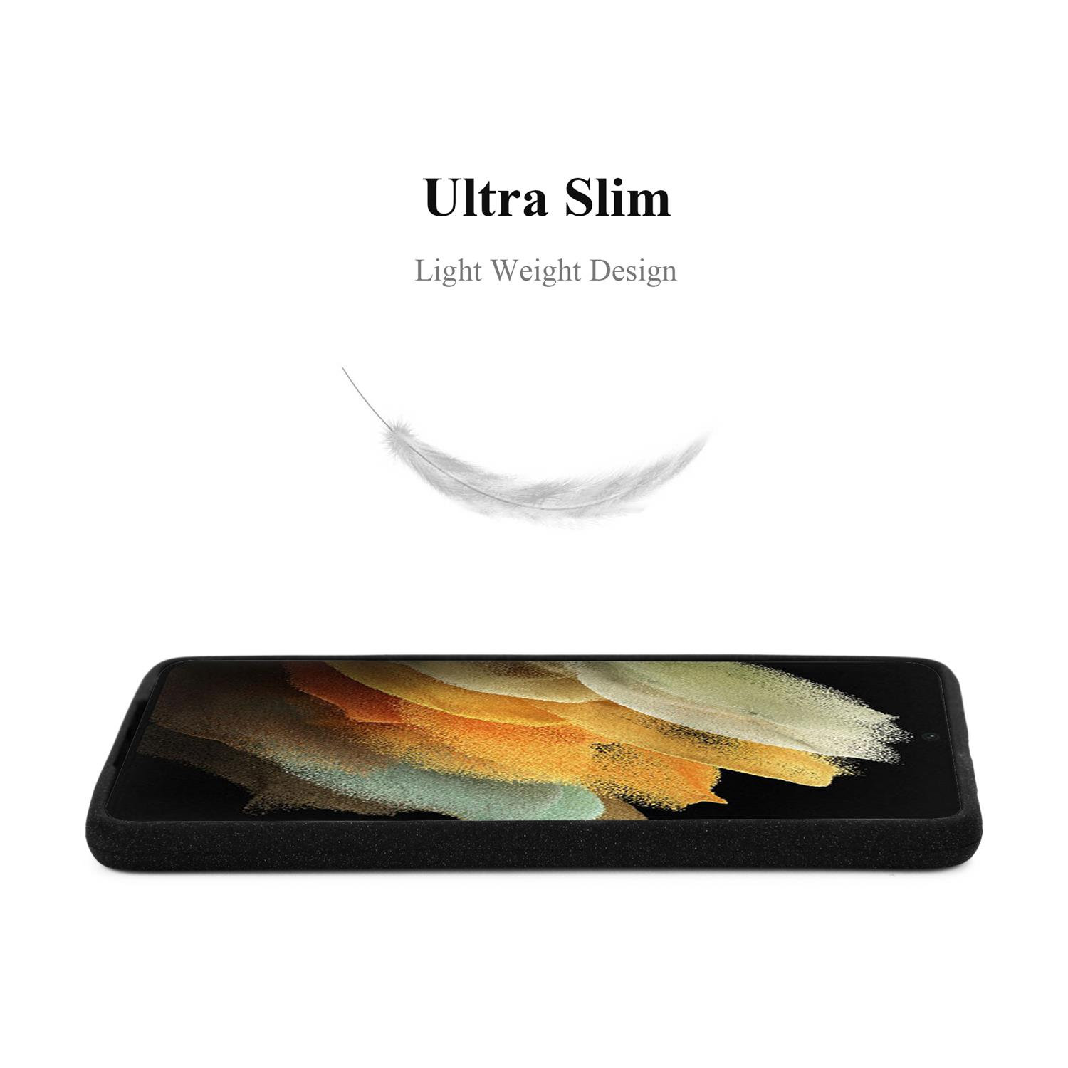 Custodia nera per telefono. Grafica di piuma bianca fluttuante sopra il telefono. Testo: Ultra Slim, Light Weight Design.