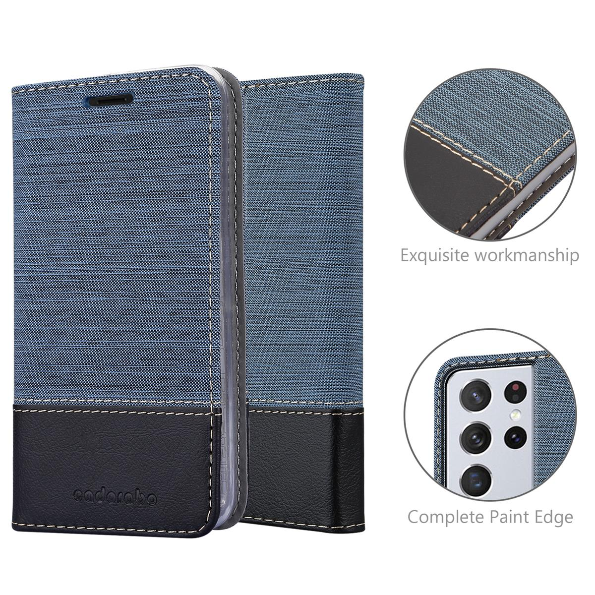 Una custodia per telefono con un design blu e nero strutturato. La custodia del telefono è aperta.
