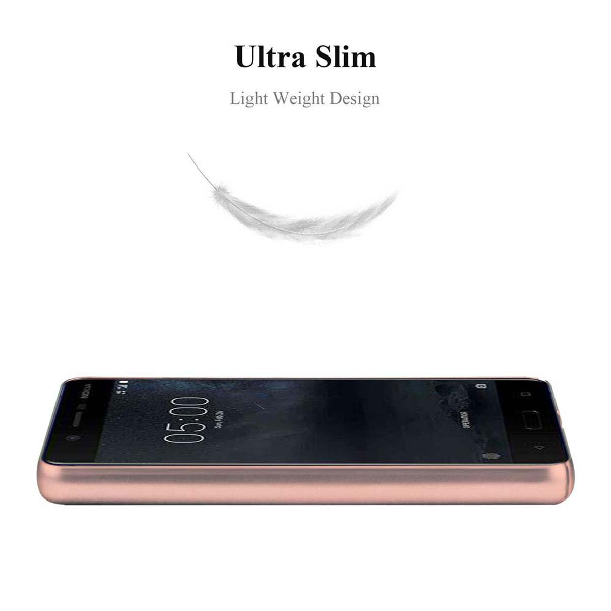 Un telefono color oro rosa appoggiato piatto. Una piuma è sopra il telefono. Il testo dice Ultra Slim e Light Weight Design.