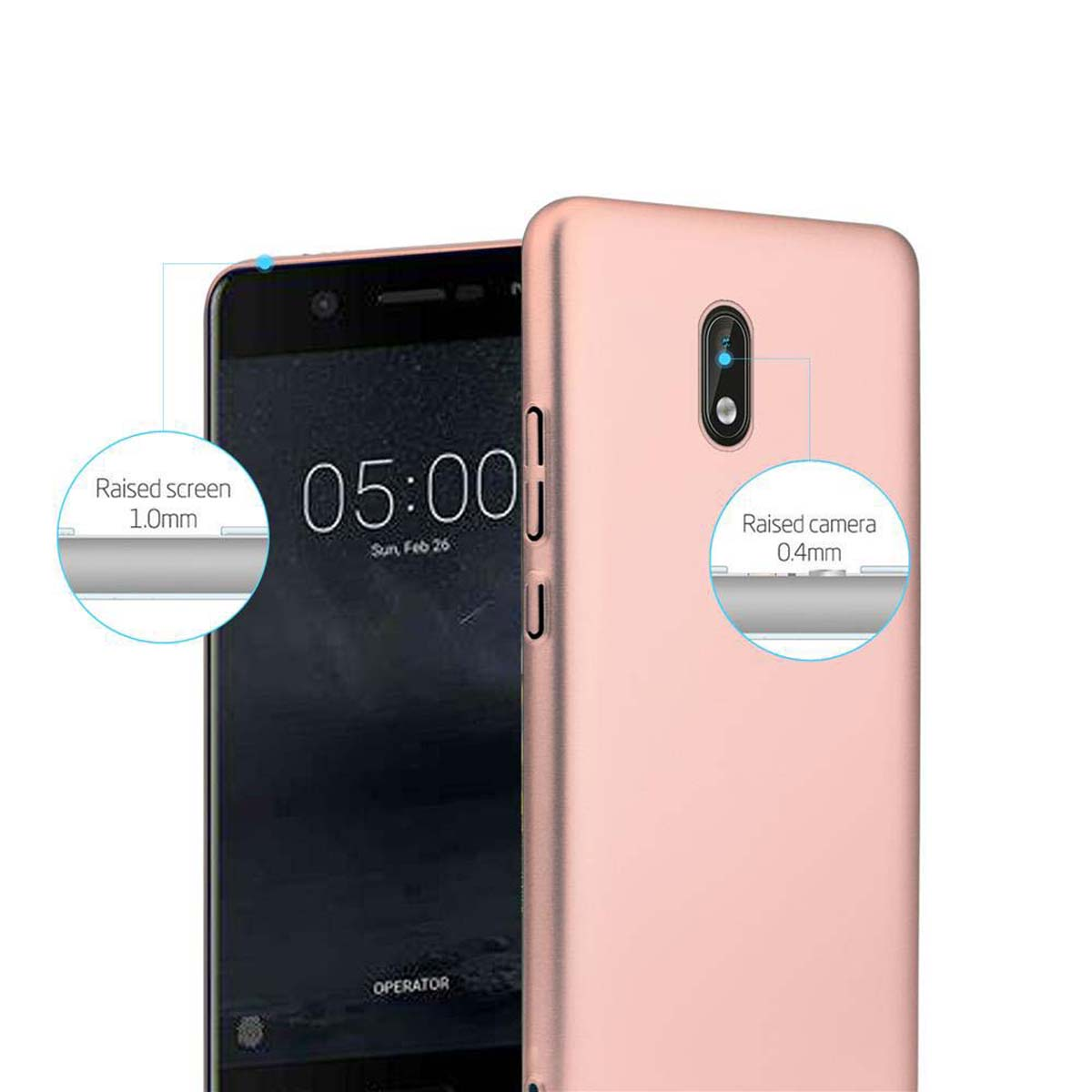 Primo piano di un telefono e di una custodia. Il telefono ha una custodia rosa. Lo schermo mostra l'ora.