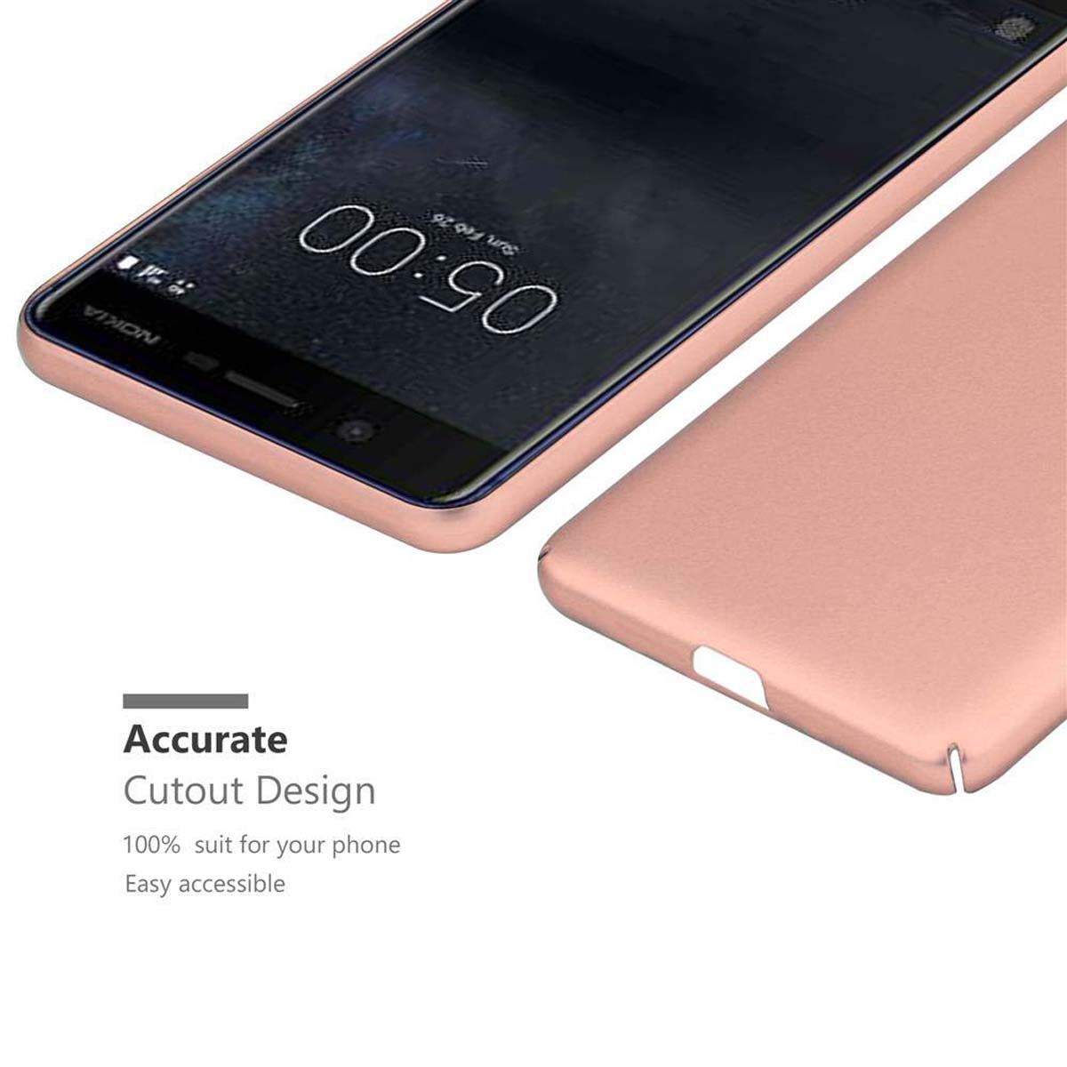 Telefono e custodia color oro rosa. Il testo dice design con ritaglio accurato. Il telefono mostra le 05:00.