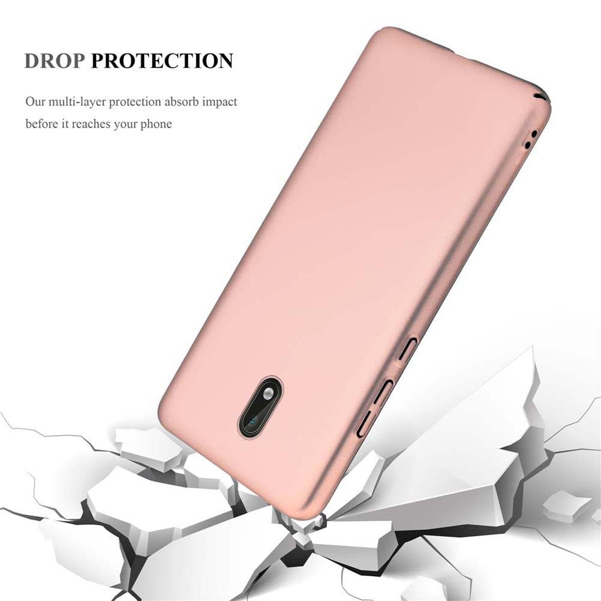 Una custodia rosa per telefono è mostrata con crepe e detriti intorno, con testo sopra.