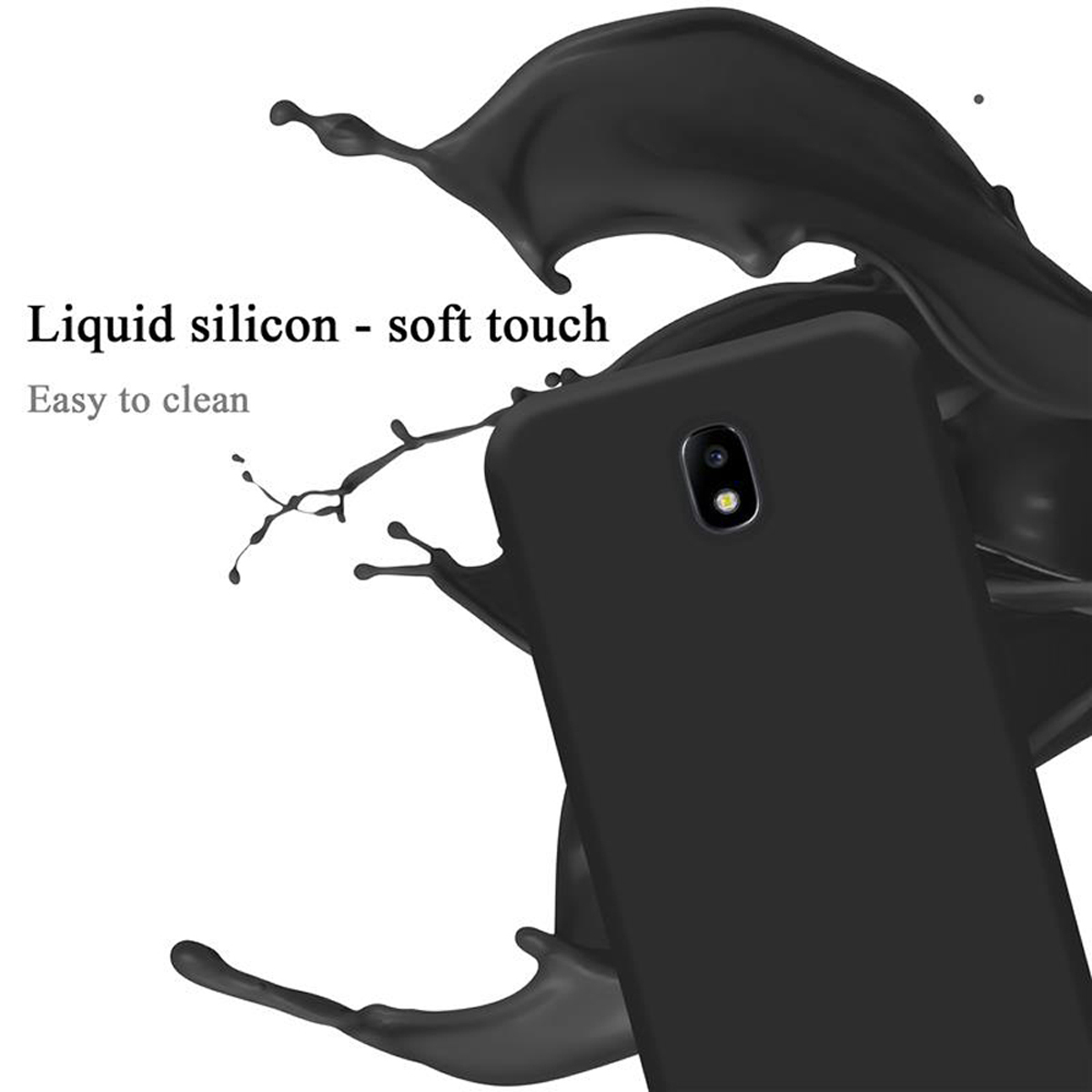 Custodia per telefono nera con uno schizzo di liquido nero intorno. La custodia ha un obiettivo della fotocamera.