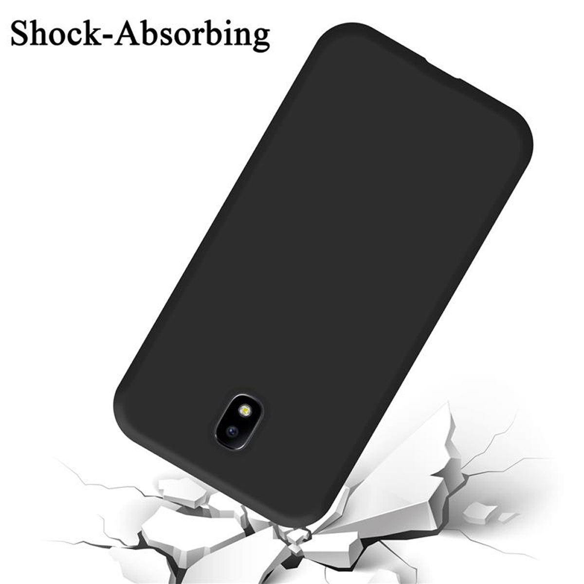 Custodia nera per telefono, appoggiata su una superficie. Immagine suggerisce assorbimento degli urti con superficie incrinata.