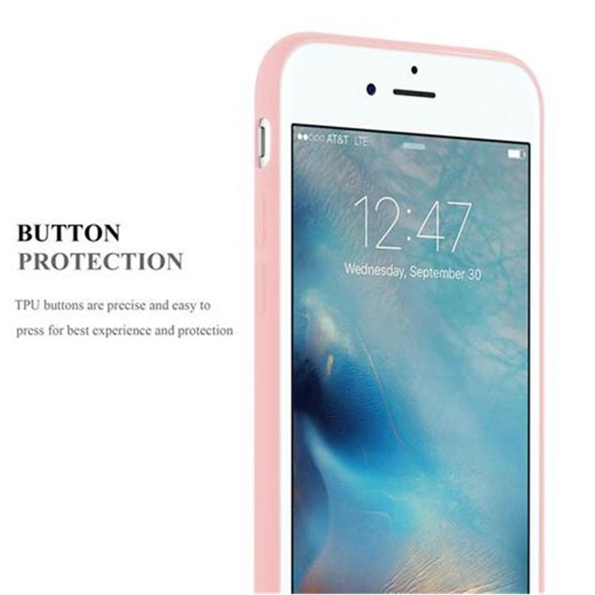 Ein Telefon mit rosa Hülle. Der Bildschirm zeigt die Uhrzeit an. Der Knopfschutz wird links angezeigt.