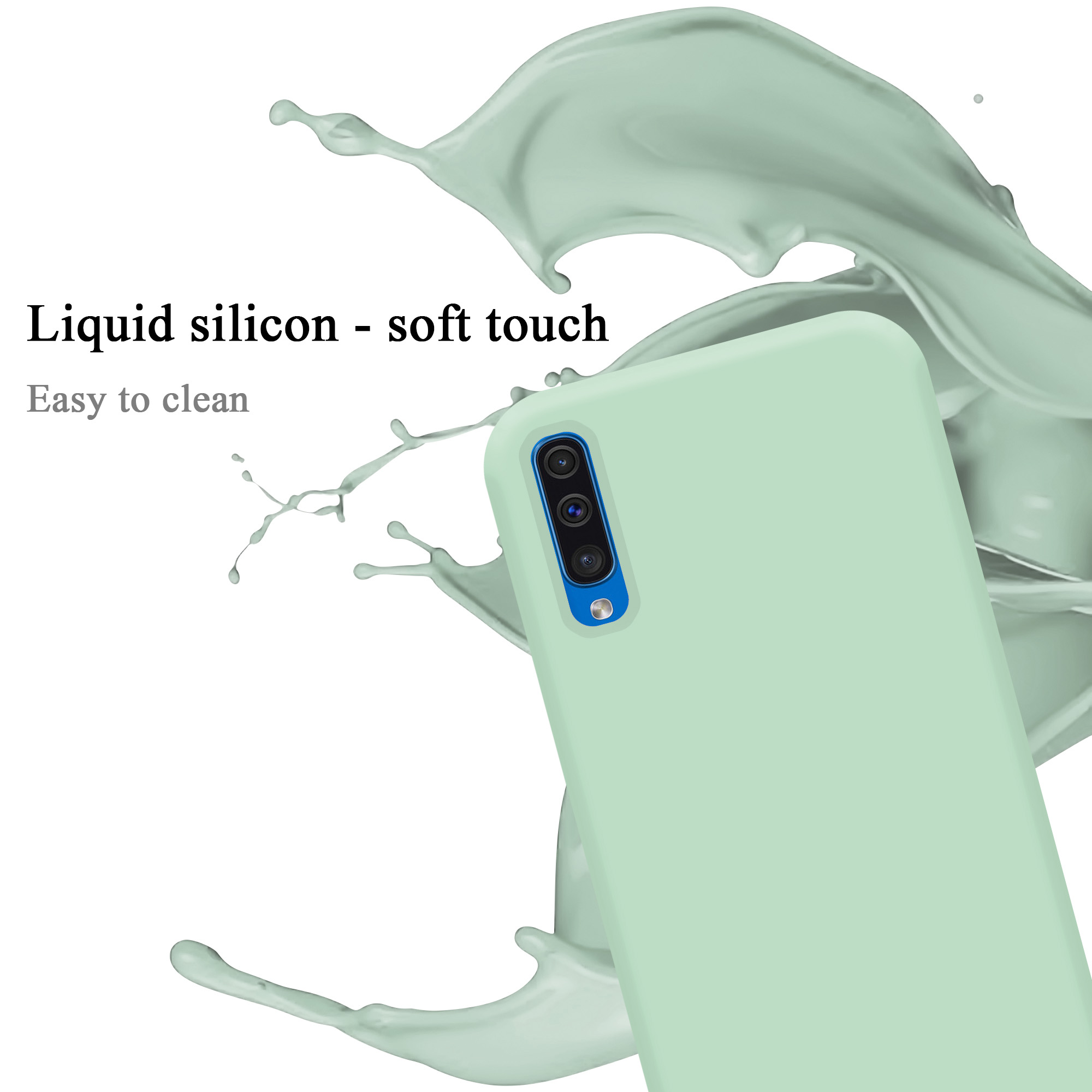 Ein Telefon in einer hellgrünen Hülle. Ein Spritzer hellgrüner Flüssigkeit ist hinter dem Telefon.
