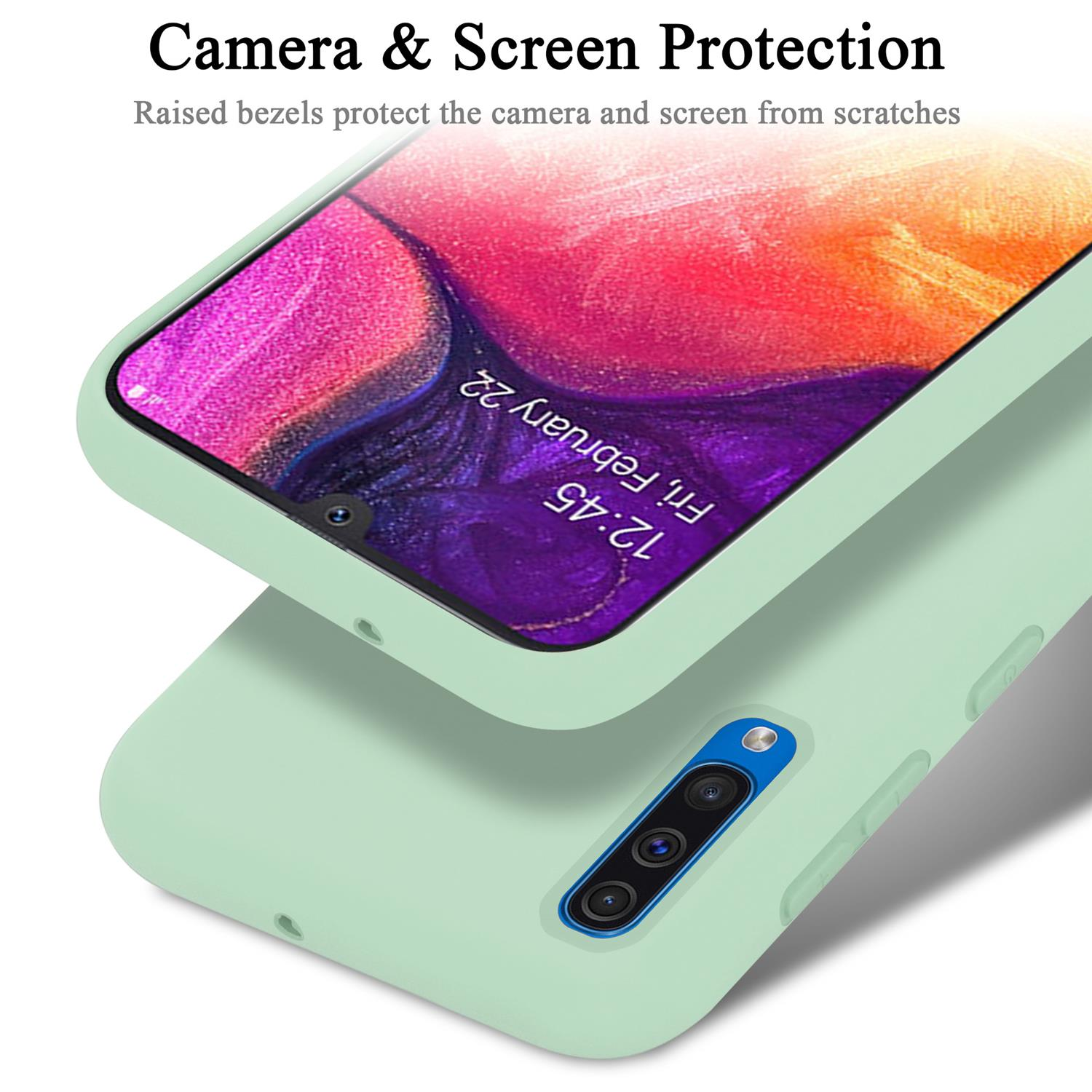 Eine mintgrüne Handyhülle mit einem Telefon darin. Der Bildschirm zeigt eine Telefonschnittstelle.