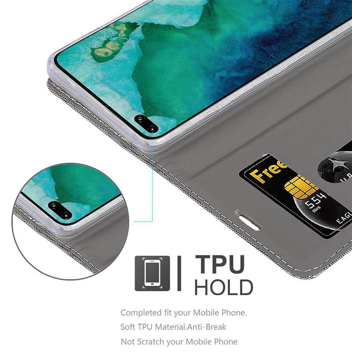 Handyhülle mit grauer Lederhülle mit Kartenfach, mit dem Telefon im Inneren.